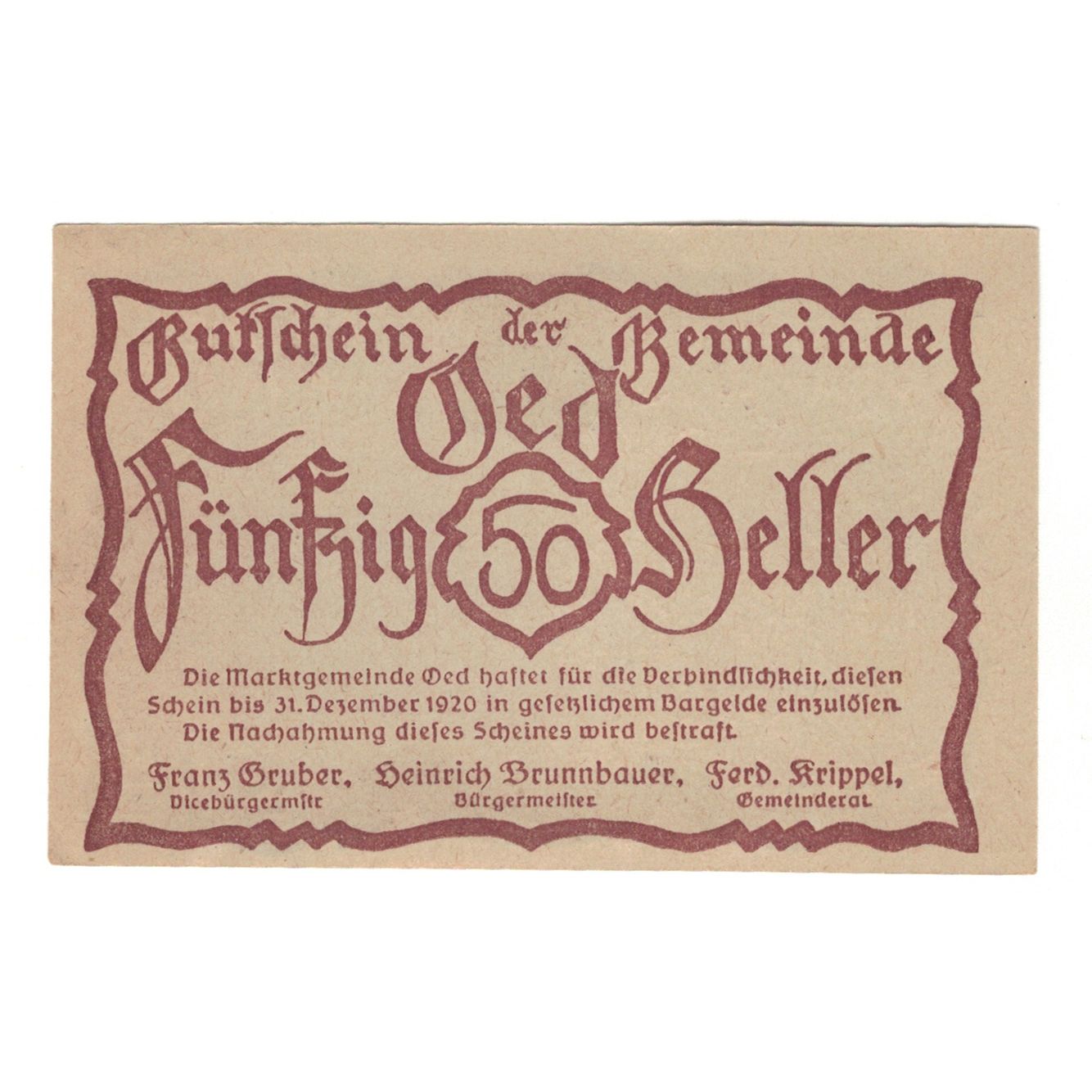 Banconote, Austria, Oed N.Ö. Marktgemeinde, 50 Heller, village 1, 1920
