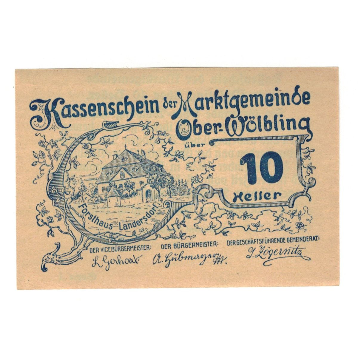 Biljet, Oostenrijk, Ober-Wölbling N.Ö. Marktgemeinde, 10 Heller, Texte, 1920