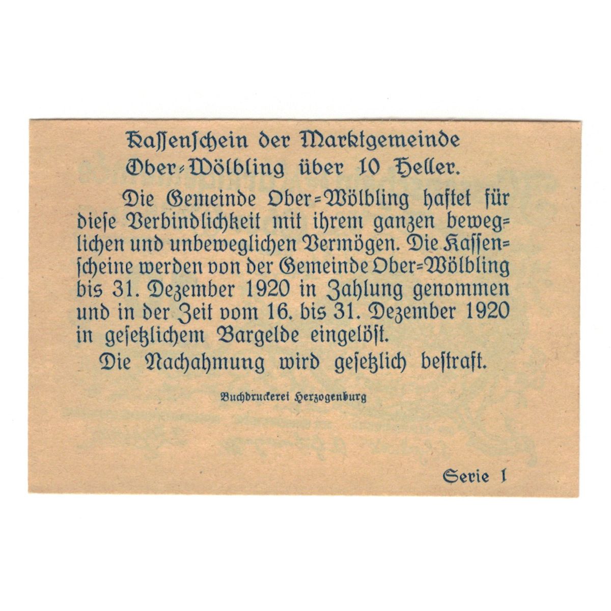 Biljet, Oostenrijk, Ober-Wölbling N.Ö. Marktgemeinde, 10 Heller, Texte, 1920