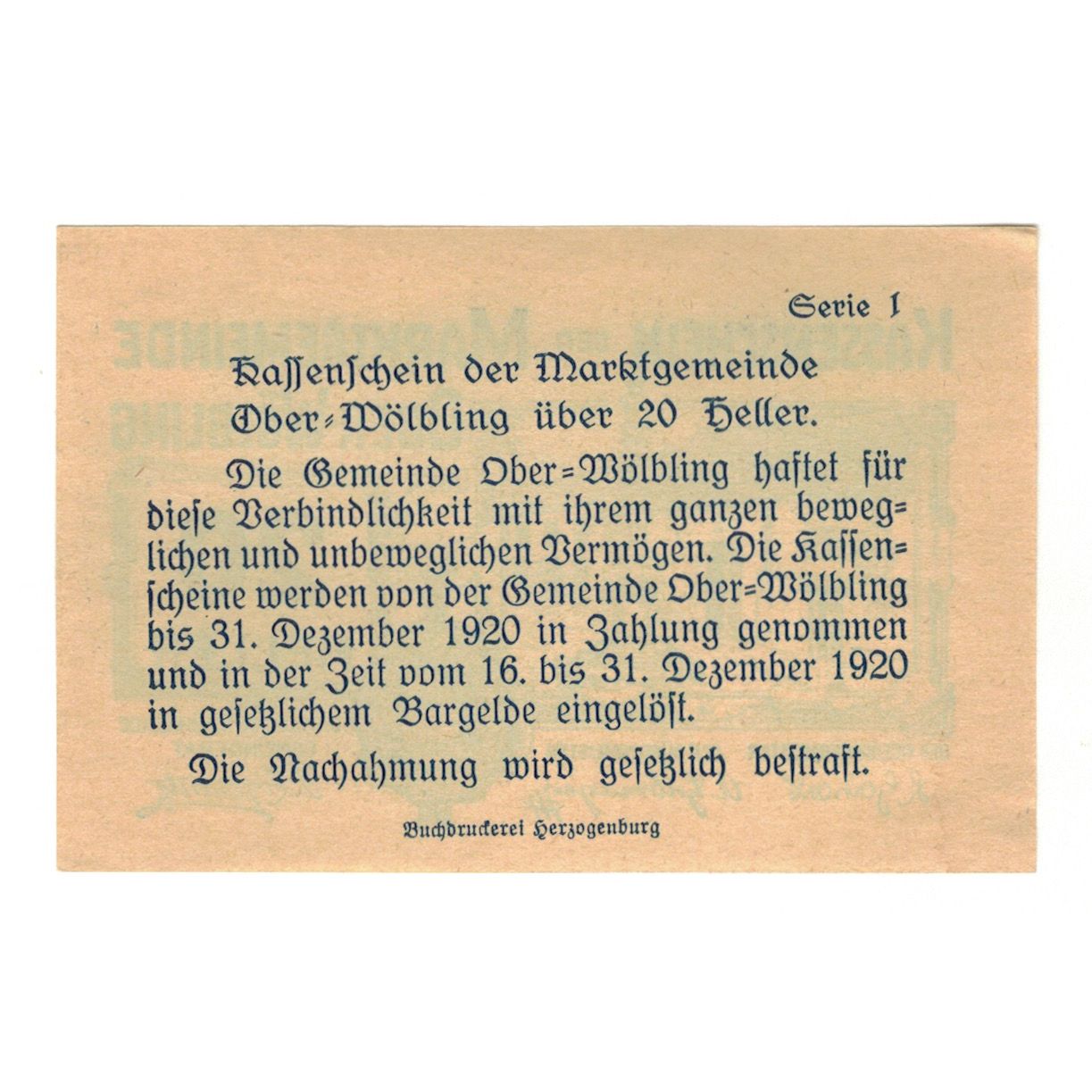 Nota, Áustria, Ober-Wölbling N.Ö. Marktgemeinde, 20 Heller, Texte, 1920