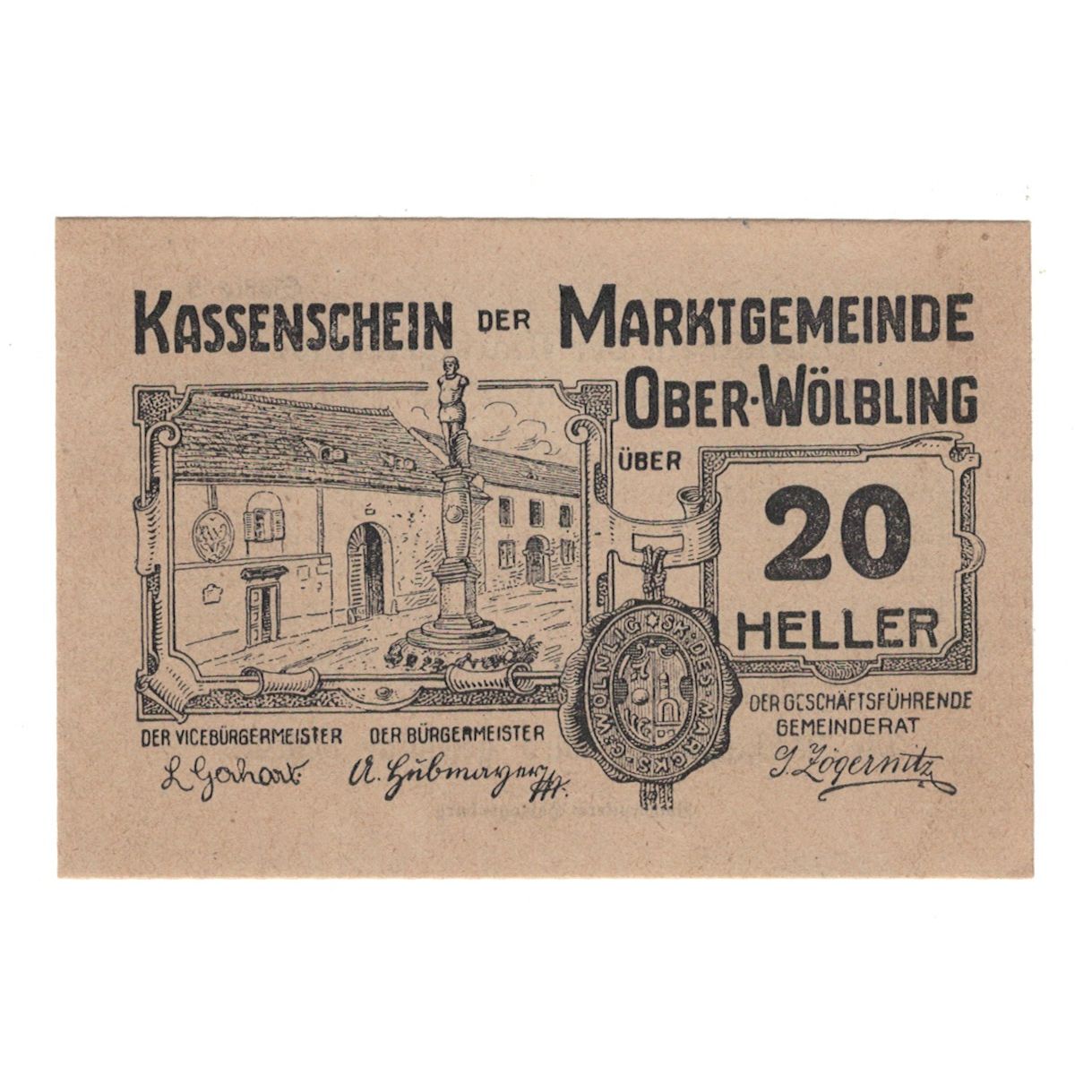 Banknote, Austria, Ober-Wölbling N.Ö. Marktgemeinde, 20 Heller, texte 1, 1920
