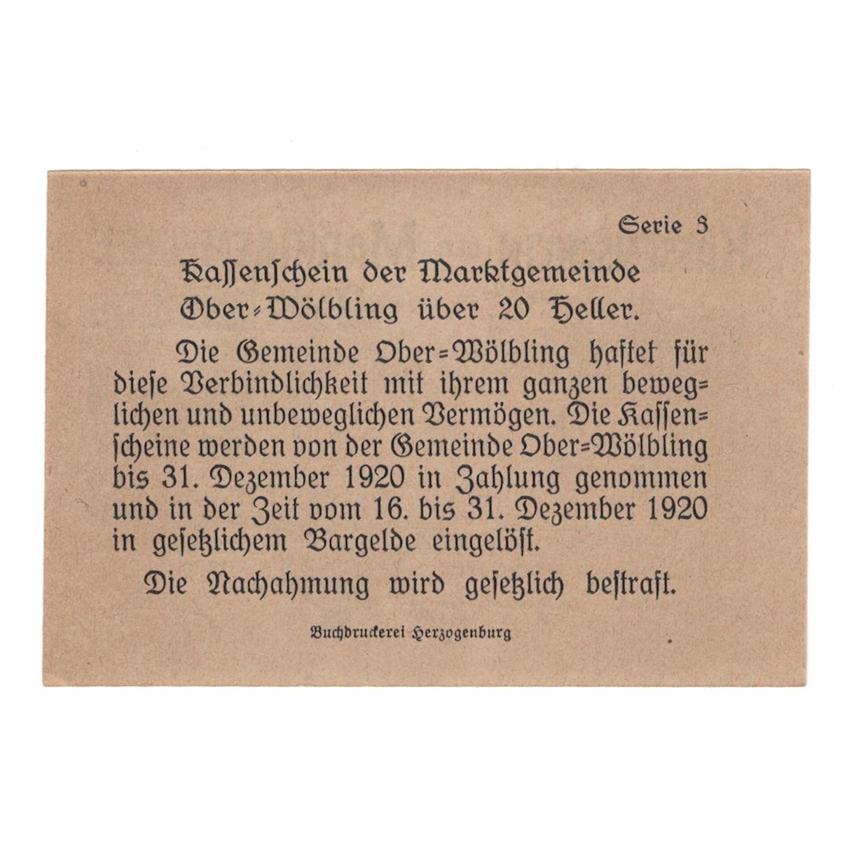 Banknote, Austria, Ober-Wölbling N.Ö. Marktgemeinde, 20 Heller, texte 1, 1920