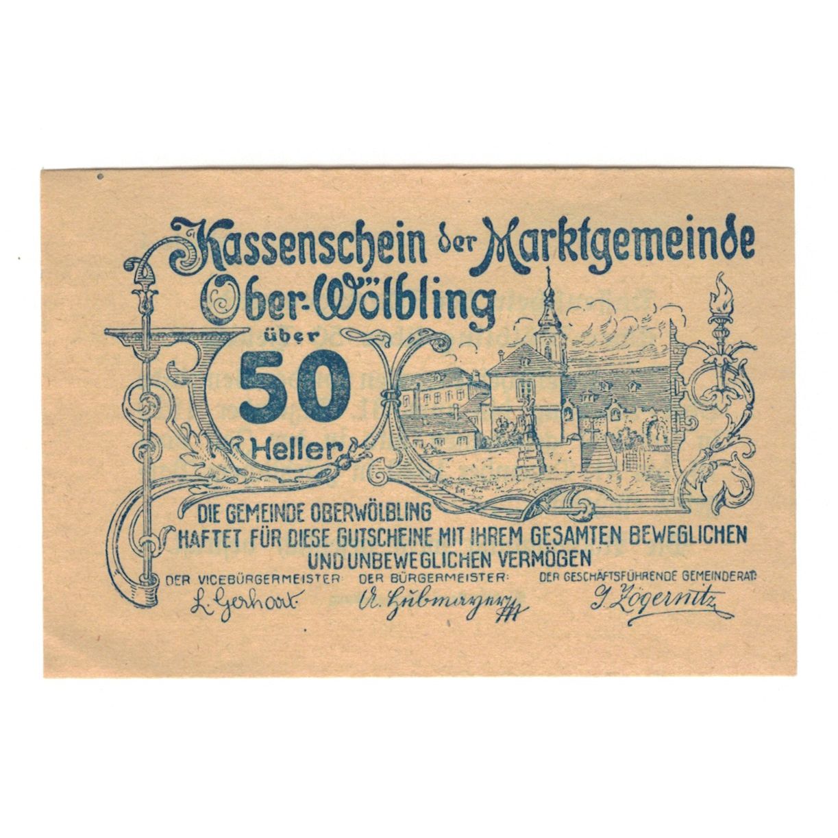Banknote, Austria, Ober-Wölbling N.Ö. Marktgemeinde, 50 Heller, Texte, 1920
