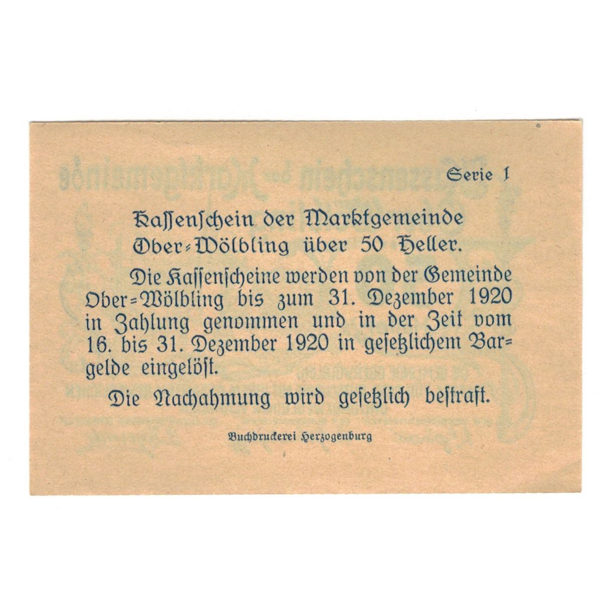 Banknote, Austria, Ober-Wölbling N.Ö. Marktgemeinde, 50 Heller, Texte, 1920
