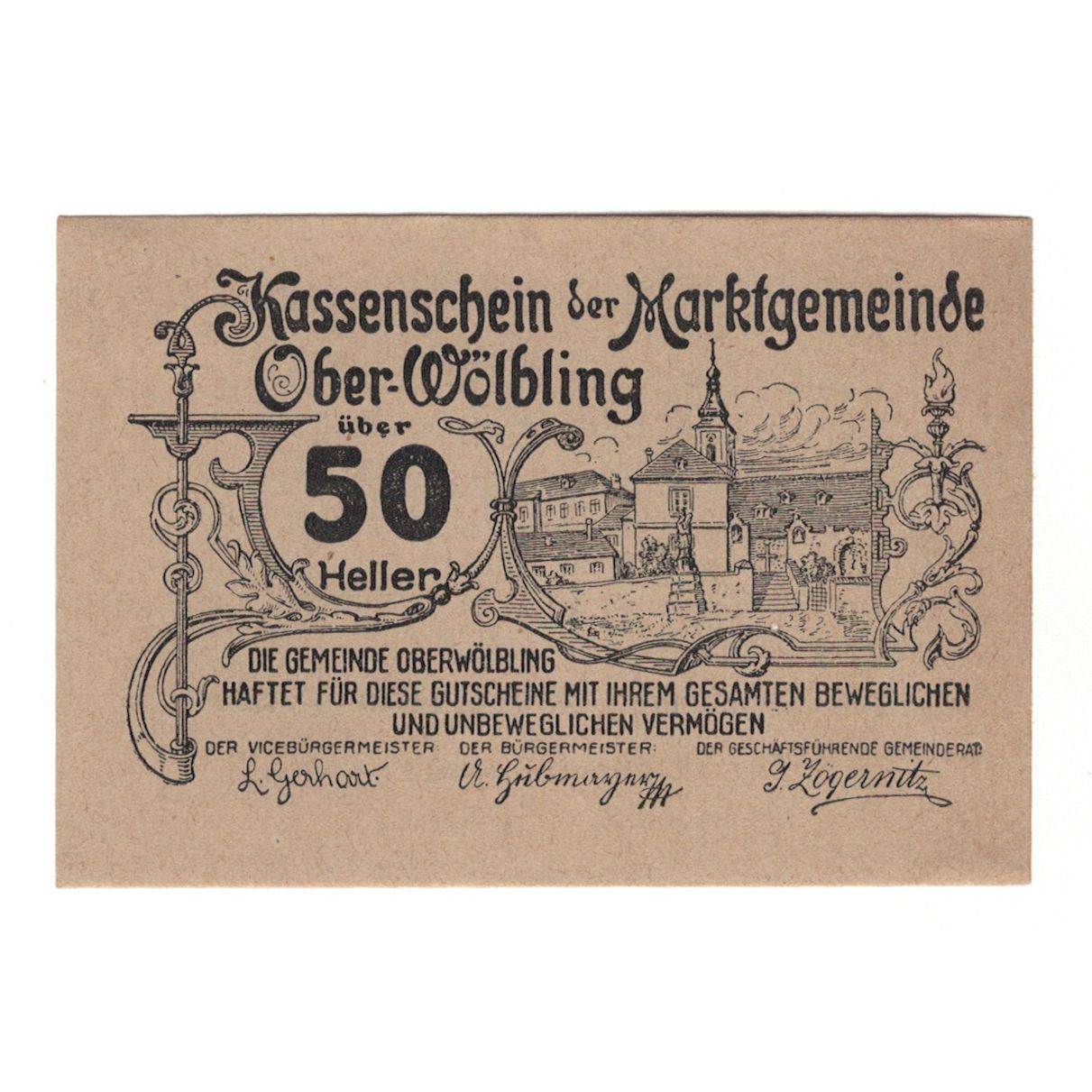 Banknote, Austria, Ober-Wölbling N.Ö. Marktgemeinde, 50 Heller, texte 1, 1920