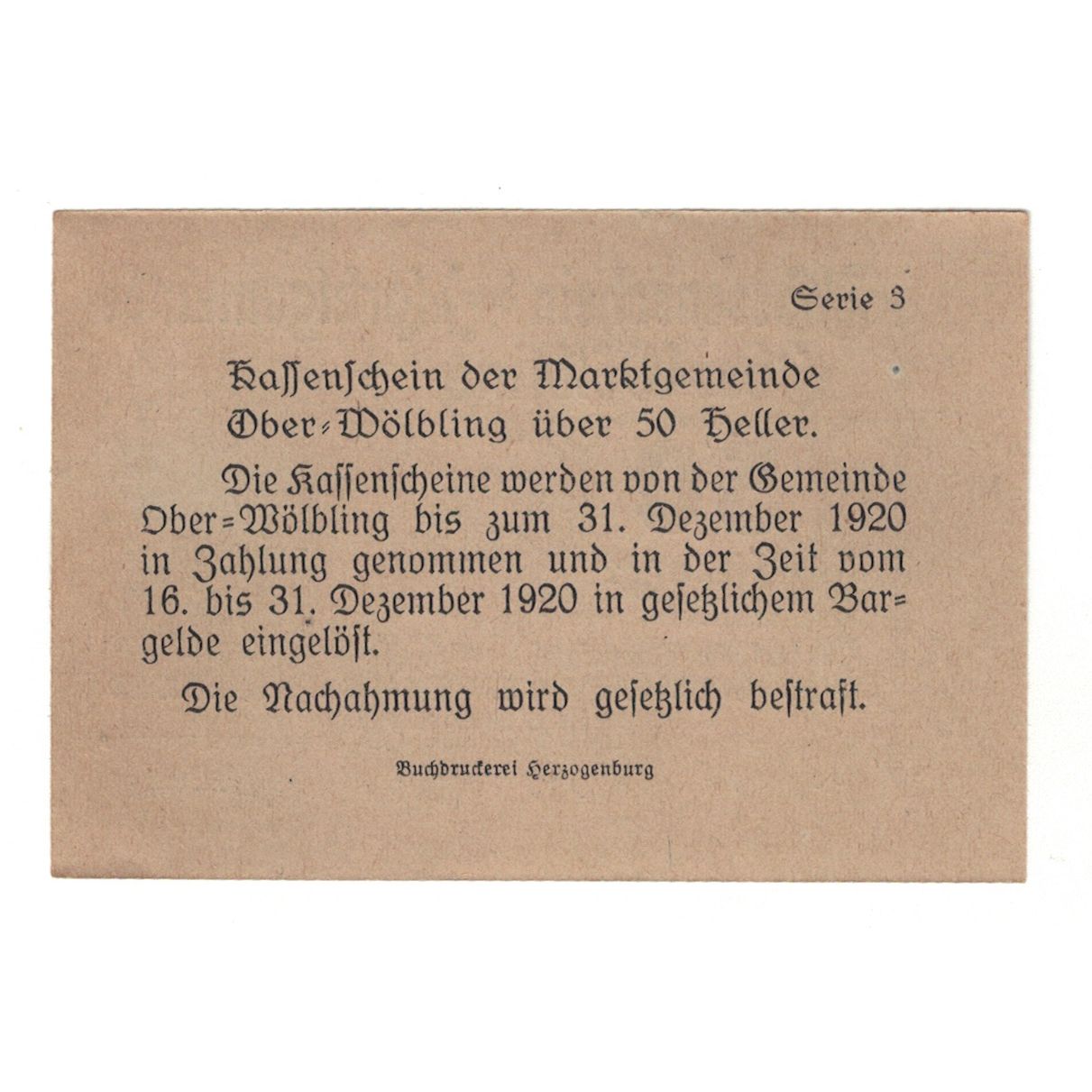 Banknote, Austria, Ober-Wölbling N.Ö. Marktgemeinde, 50 Heller, texte 1, 1920