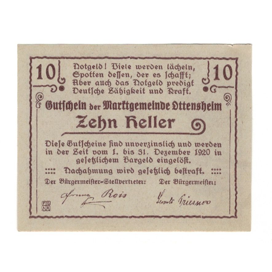 Banknote, Austria, Ottensheim O.Ö. Marktgemeinde, 10 Heller, paysage 1, 1920