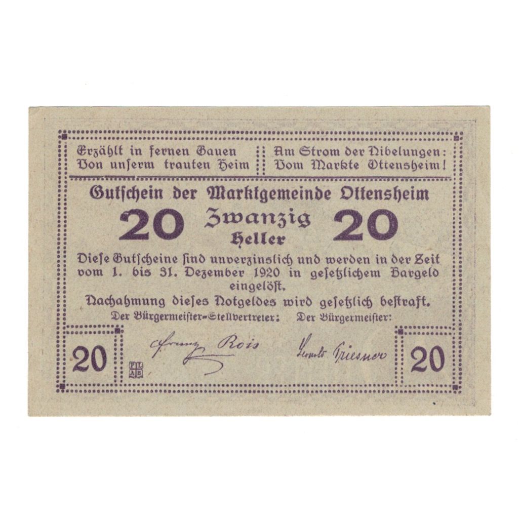 Banconote, Austria, Ottensheim O.Ö. Marktgemeinde, 20 Heller, paysage, 1920
