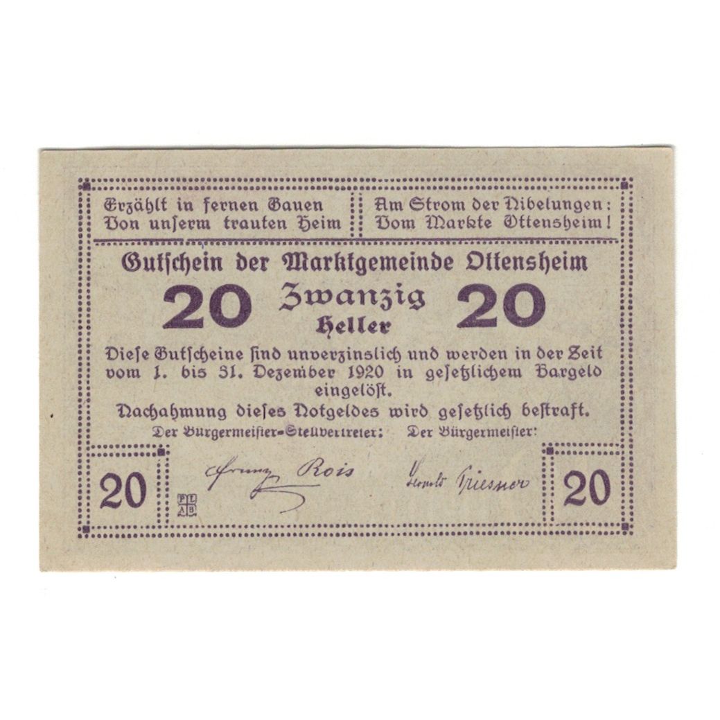 Banconote, Austria, Ottensheim O.Ö. Marktgemeinde, 20 Heller, paysage 1, 1920