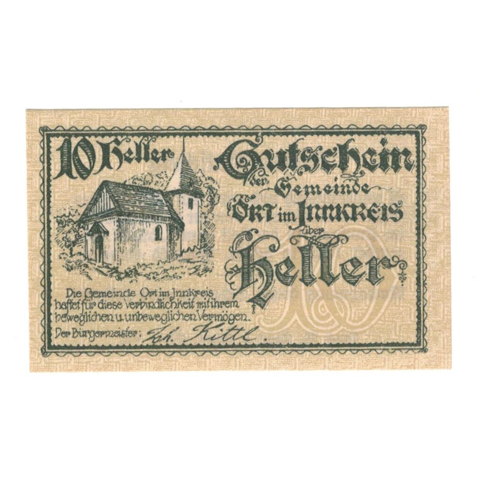 Banconote, Austria, Ort im Innkreis O.Ö. Gemeinde, 10 Heller, Texte, 1920