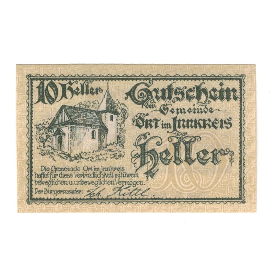 Banknote, Austria, Ort im Innkreis O.Ö. Gemeinde, 10 Heller, texte 1, 1920