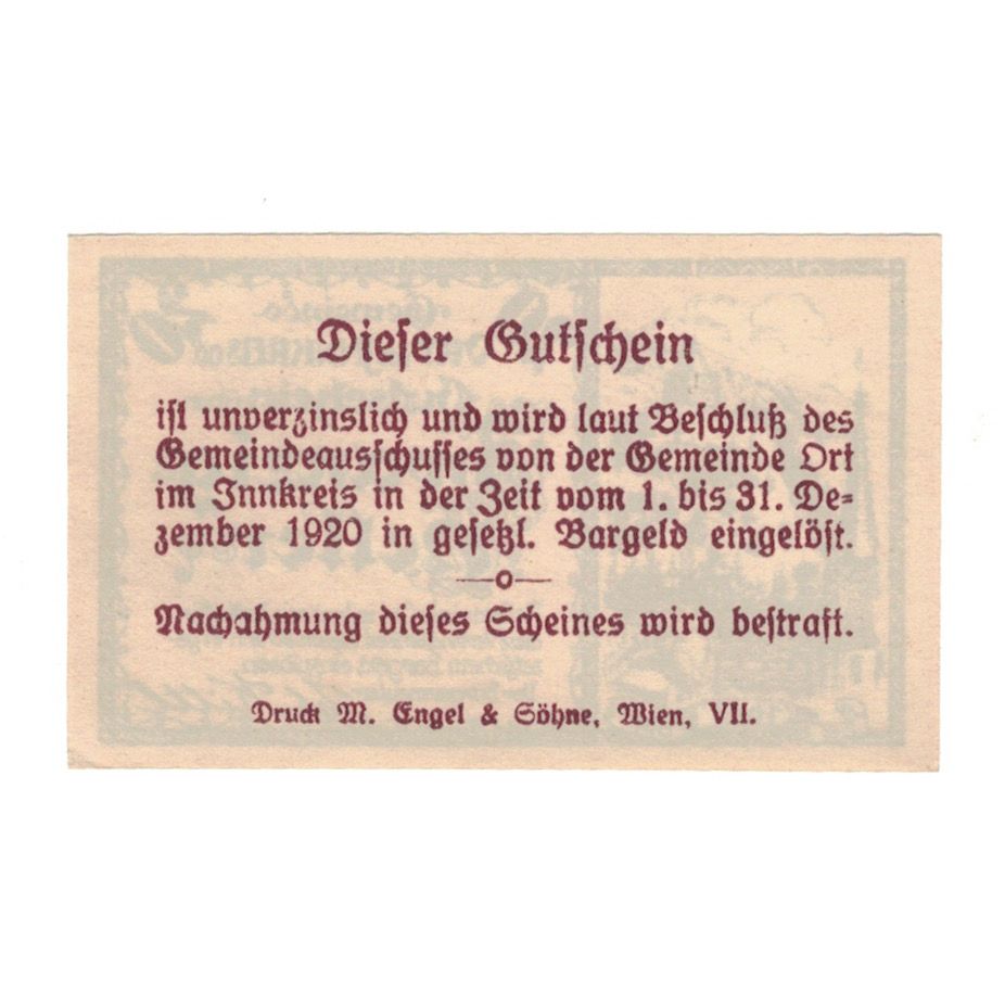 Banconote, Austria, Ort im Innkreis O.Ö. Gemeinde, 20 Heller, Texte, 1920