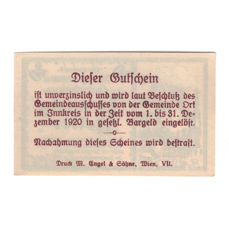 Banknote, Austria, Ort im Innkreis O.Ö. Gemeinde, 20 Heller, texte 1, 1920