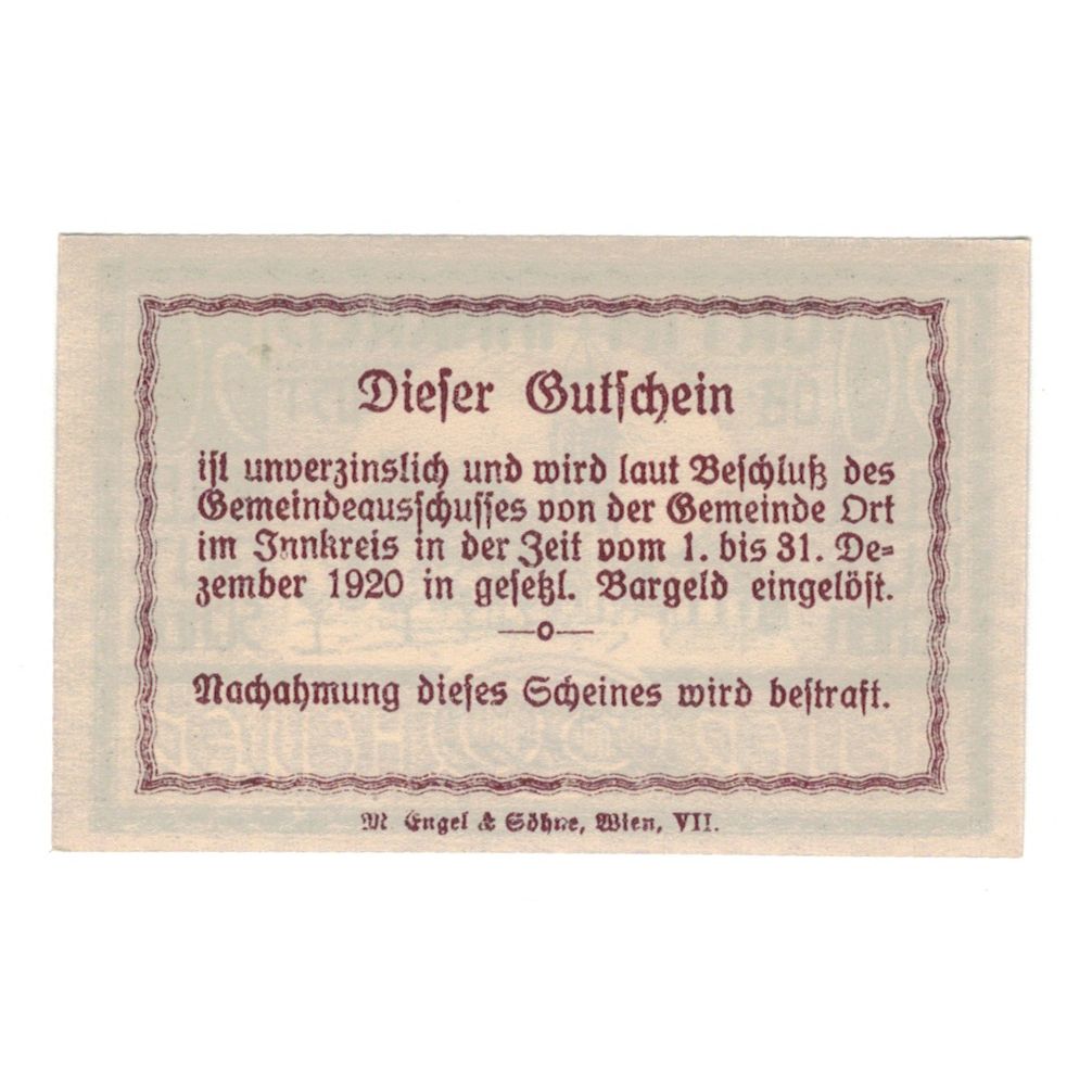 Biljet, Oostenrijk, Ort im Innkreis O.Ö. Gemeinde, 50 Heller, texte 1, 1920