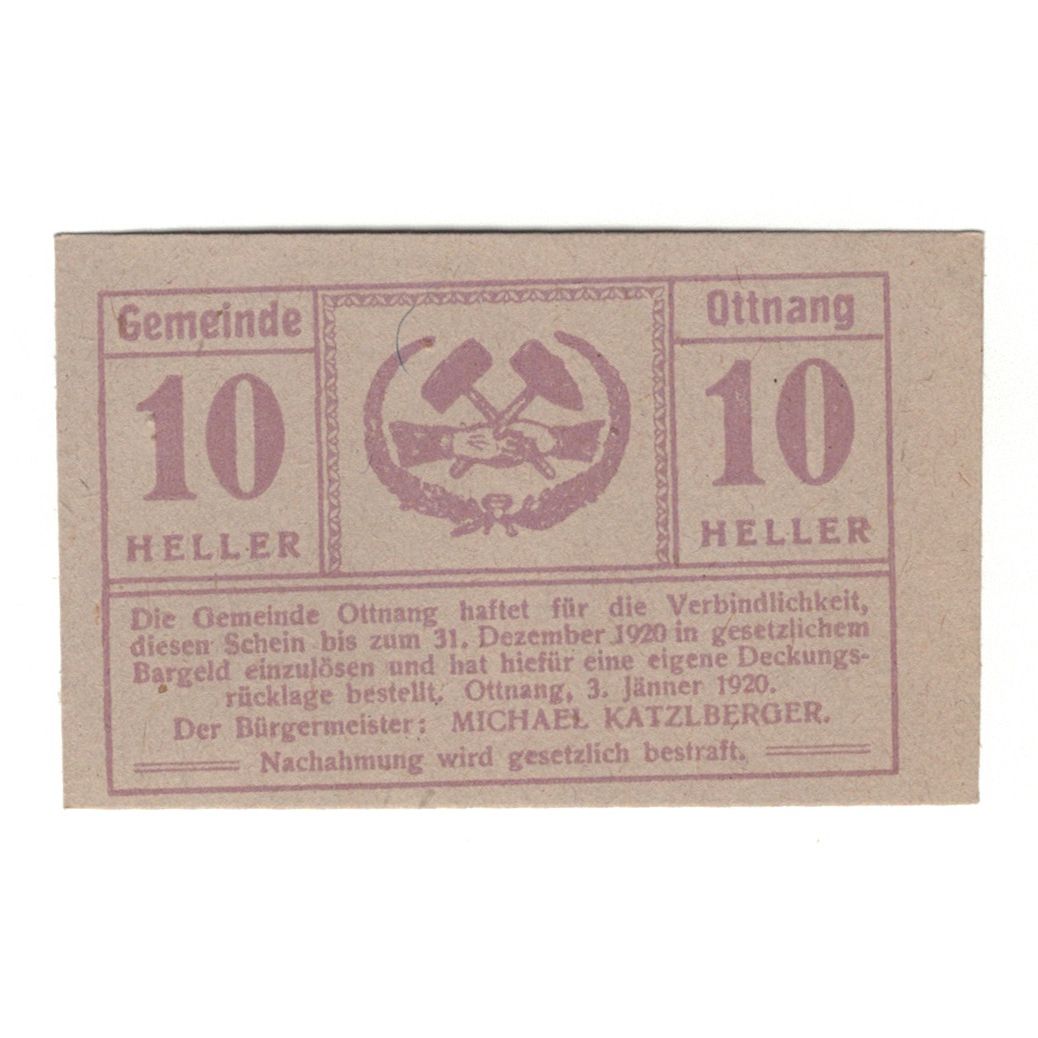 Nota, Áustria, Ottnang O.Ö. Gemeinde, 10 Heller, N.D, 1920, 1920-12-31