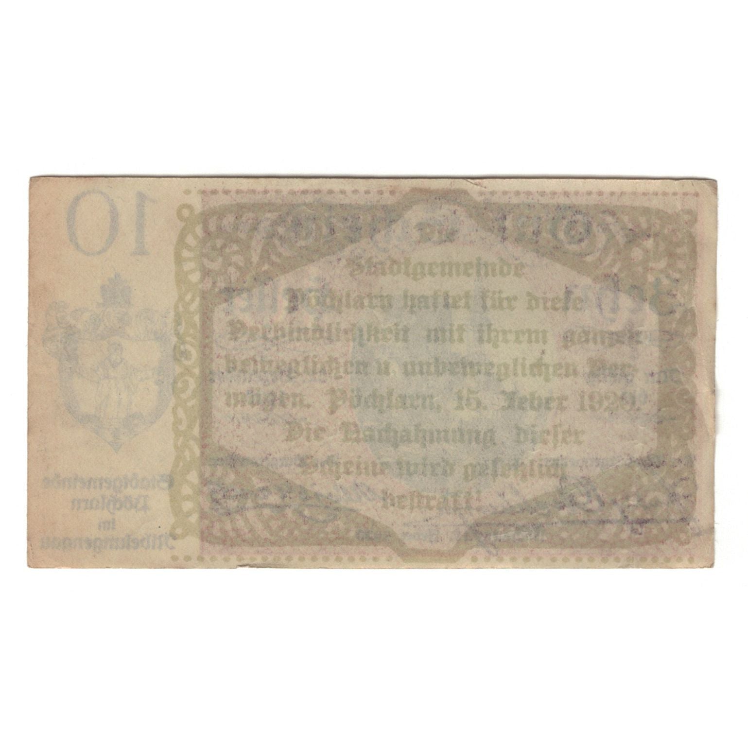 Banconote, Austria, Pöchlarn N.Ö. Stadtgemeinde, 10 Heller, Texte, 1920