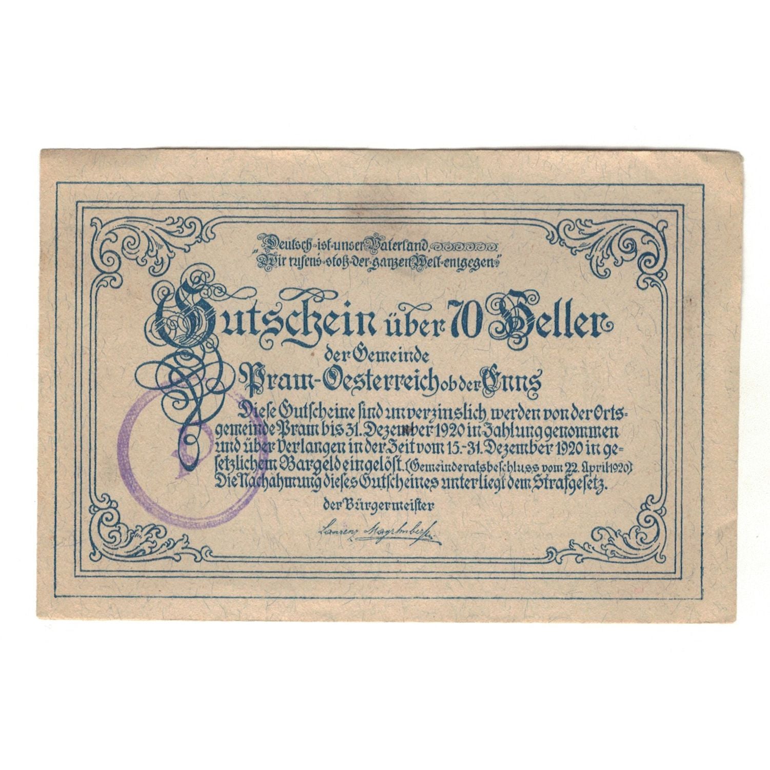 Banknote, Austria, Pram O.Ö. Gemeinde, 70 Heller, texte 1, 1920, 1920-12-31