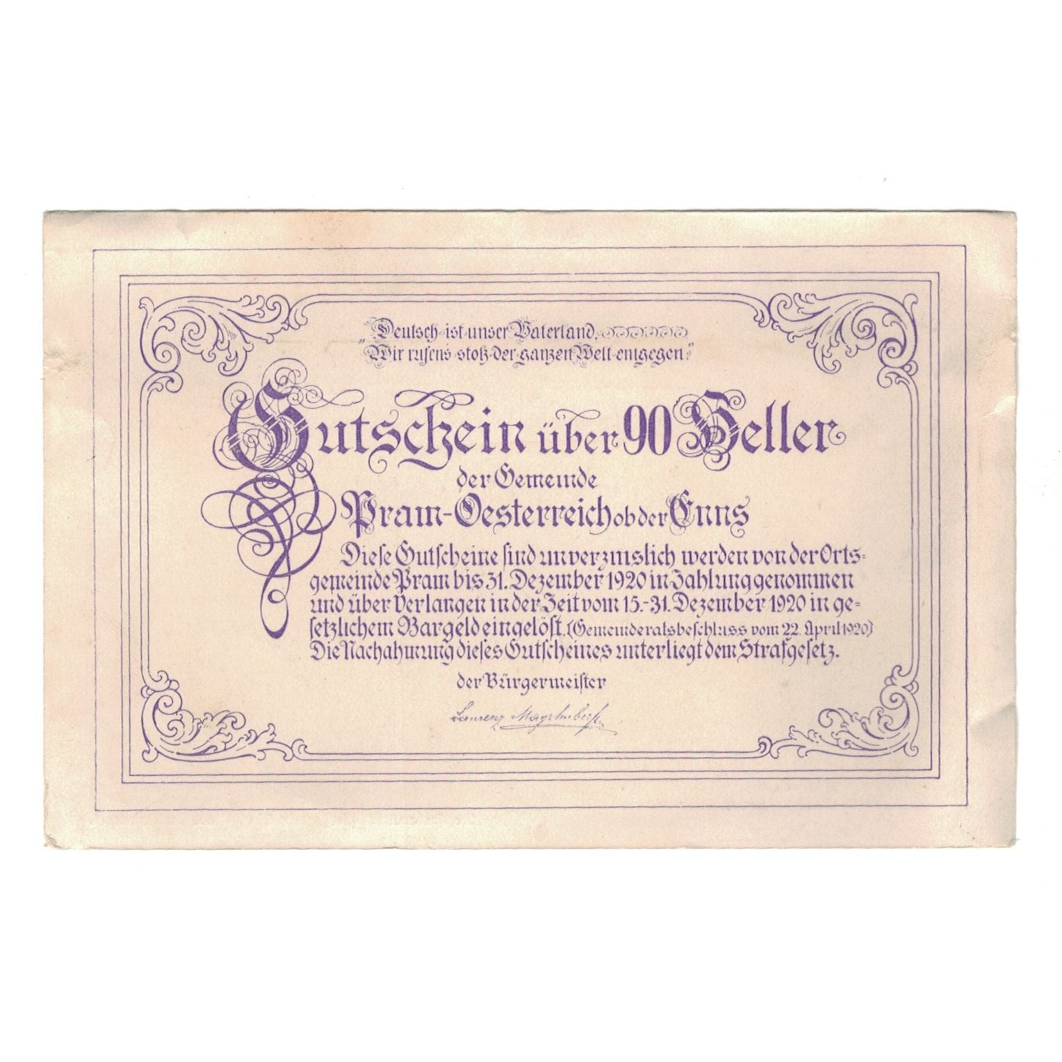 Banknote, Austria, Pram O.Ö. Gemeinde, 90 Heller, Texte, 1920, 1920-12-31