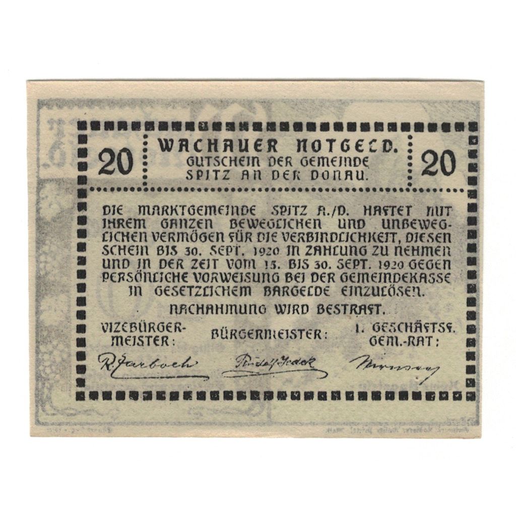 Banknote, Austria, Wachauer Notgeld-Aggstein N.Ö. Gemeinde, 20 Heller, Texte