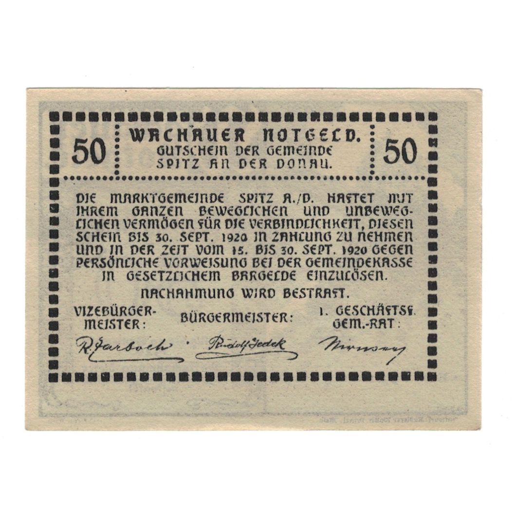 Banknote, Austria, Wachauer Notgeld-Aggstein N.Ö. Gemeinde, 50 Heller, Texte