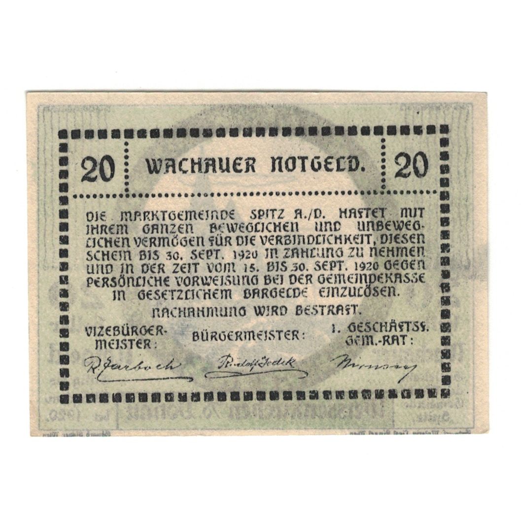Billete, Austria, Wachauer Notgeld Weißenkirchen Gemeinde, 20 Heller, Texte 2