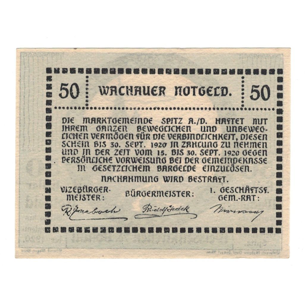 Banconote, Austria, Wachauer Notgeld Weißenkirchen Gemeinde, 50 Heller, texte