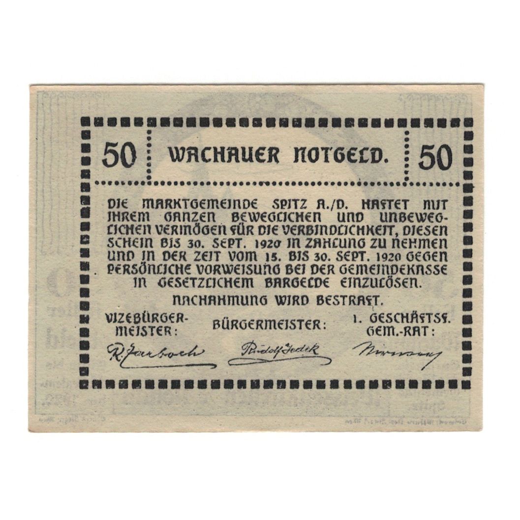 Billet, Autriche, Wachauer Notgeld Weißenkirchen Gemeinde, 50 Heller, Texte 2