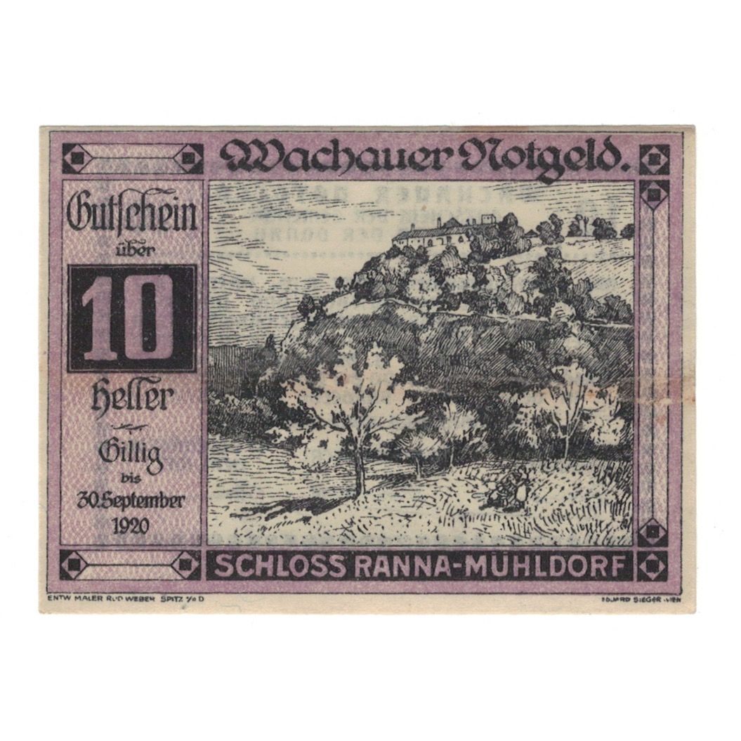 Billete, Austria, Wachauer Notgeld Schloß Ranna-Mühldorf Gemeinde, 10 Heller