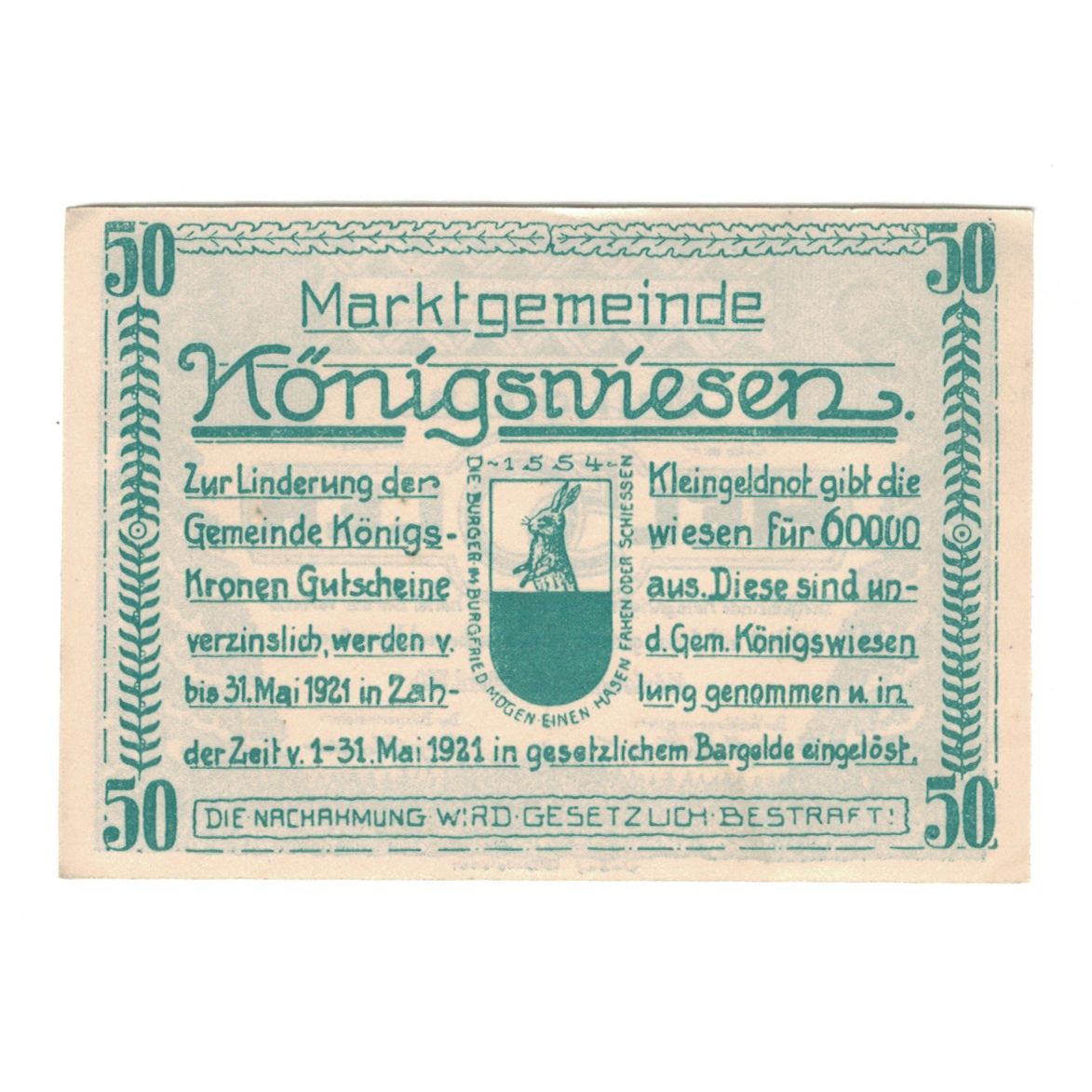 Banknote, Austria, Königswiesen O.Ö. Marktgemeinde, 50 Heller, Texte, 1921
