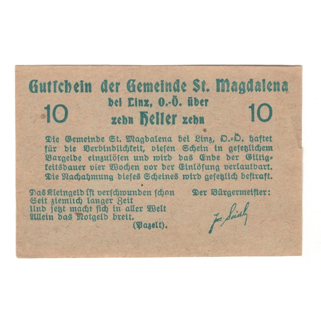 Banknote, Austria, St. Magdalena Bei Linz, O.Ö., Gemeinde, 10 Heller, Texte