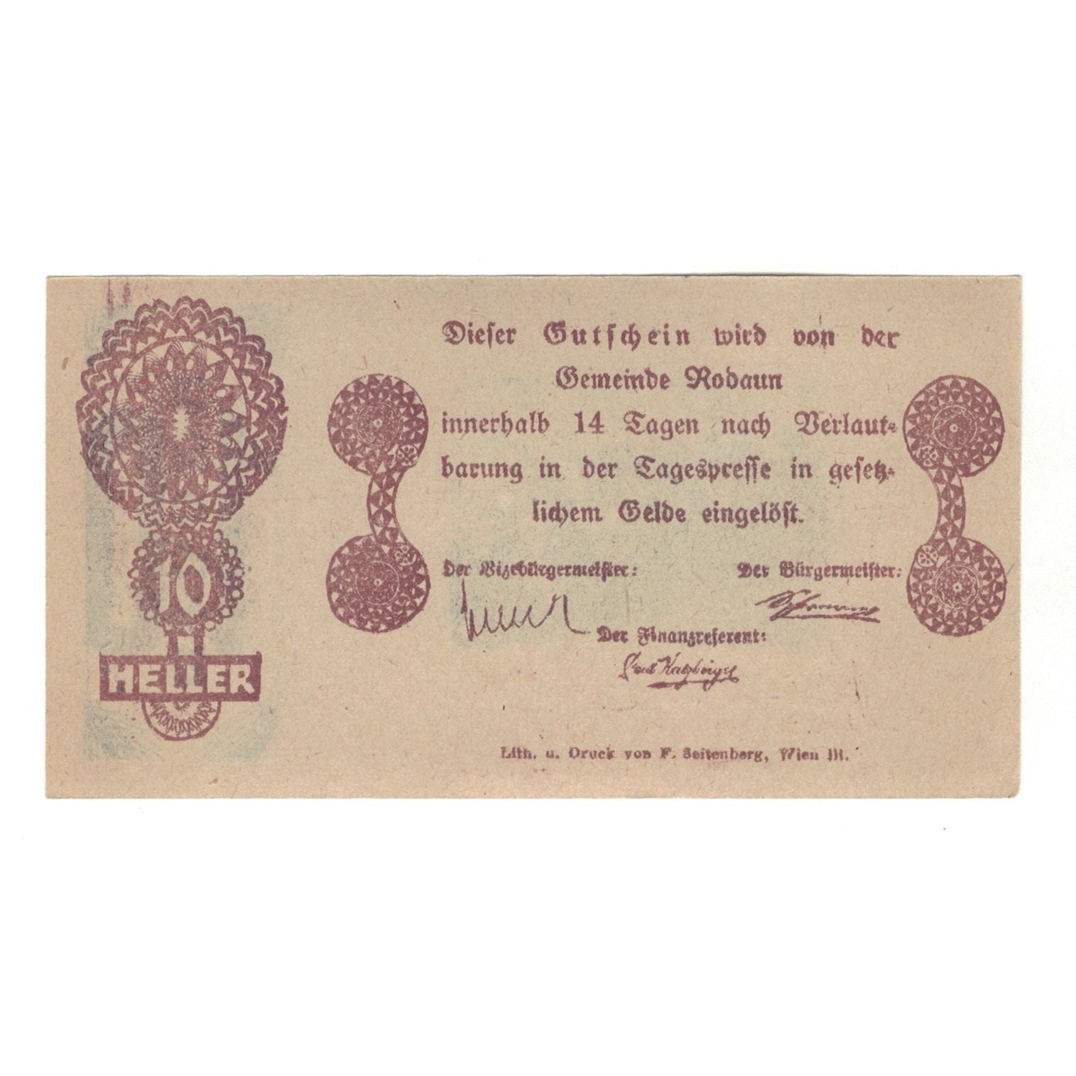 Banconote, Austria, Rodaun N.Ö. Gemeinde, 10 Heller, Texte, BB+, Mehl:FS 840II