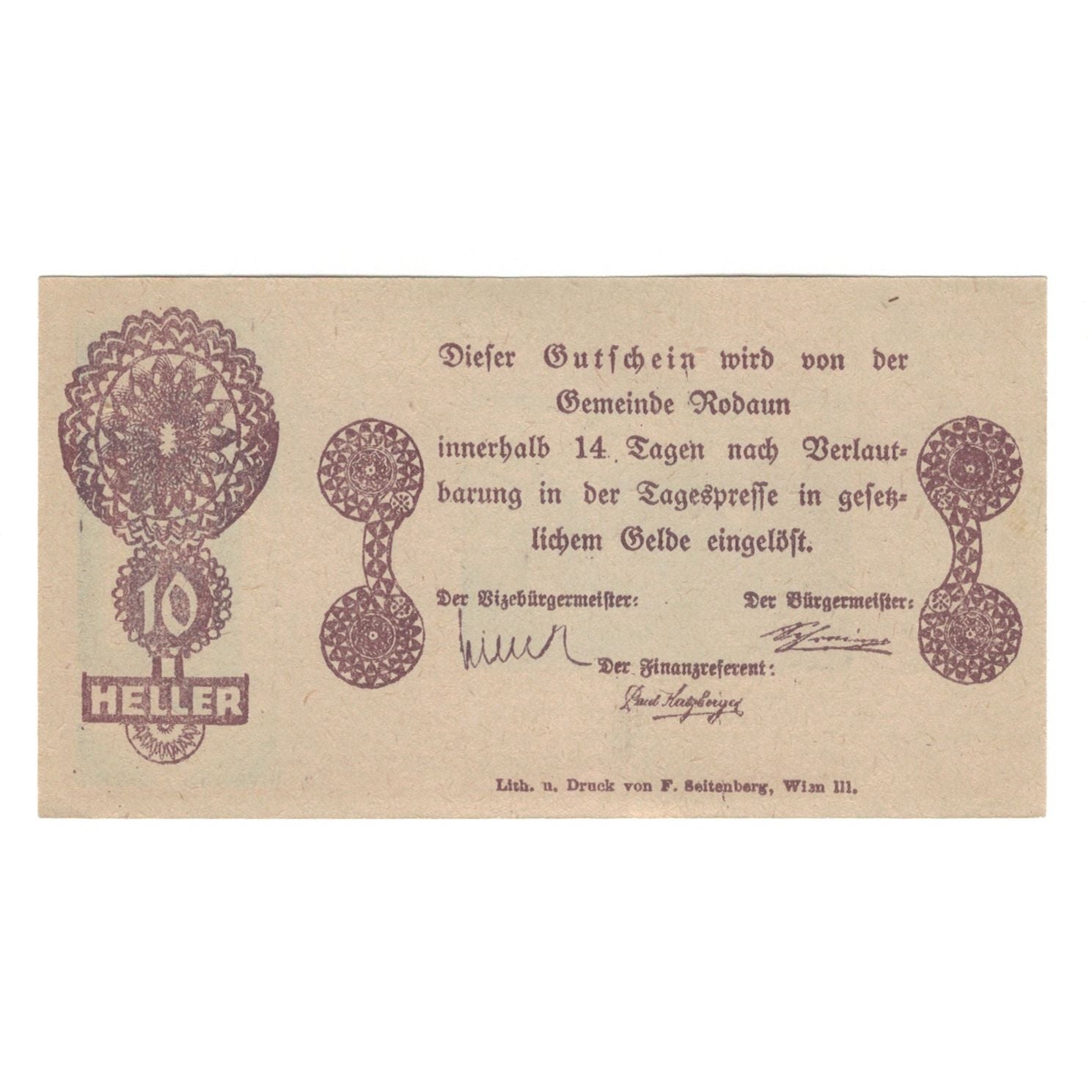 Banknote, Austria, Rodaun N.Ö. Gemeinde, 10 Heller, Texte 2, AU(55-58), Mehl:FS