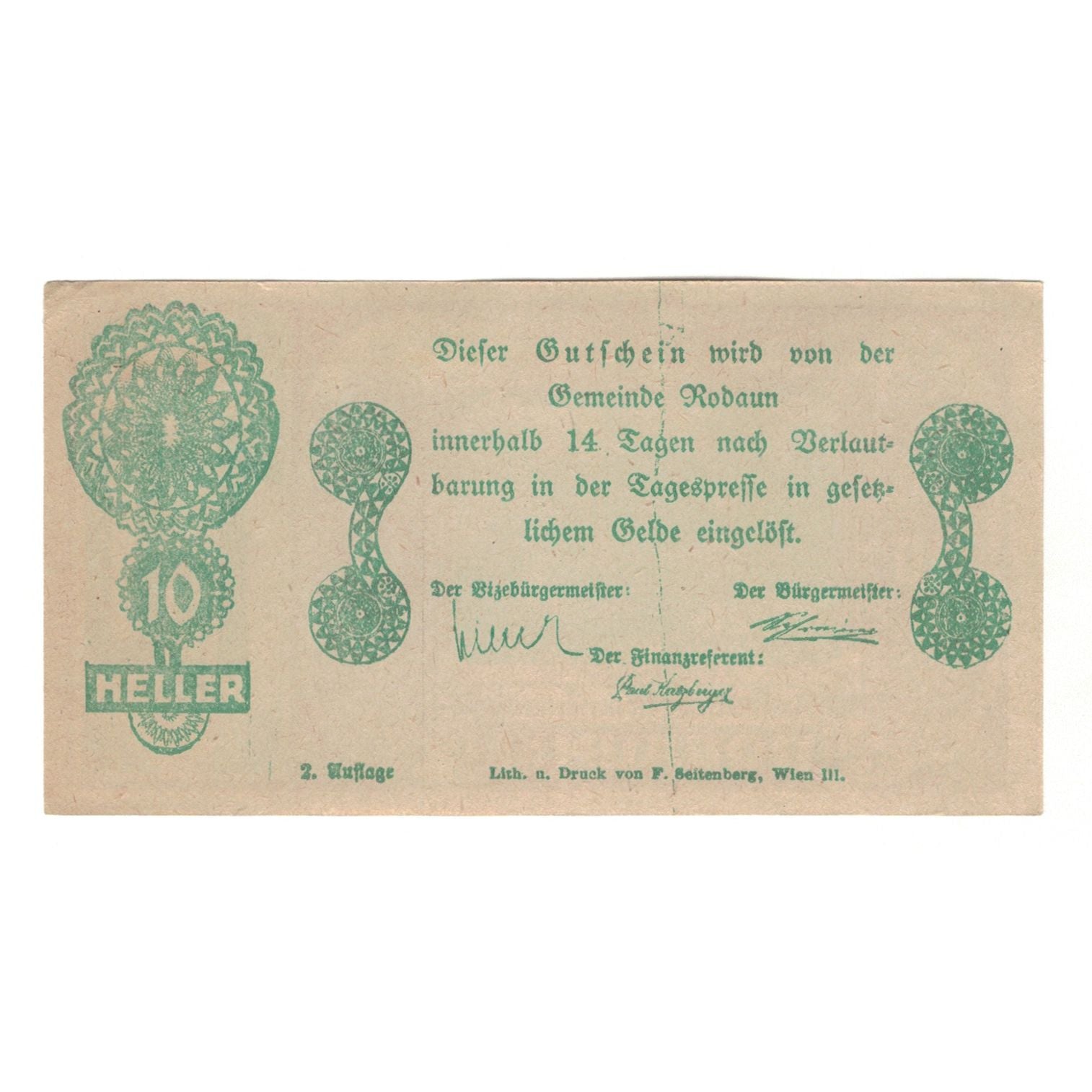 Banknot, Austria, Rodaun N.Ö. Gemeinde, 10 Heller, Texte 3, AU(50-53), Mehl:FS