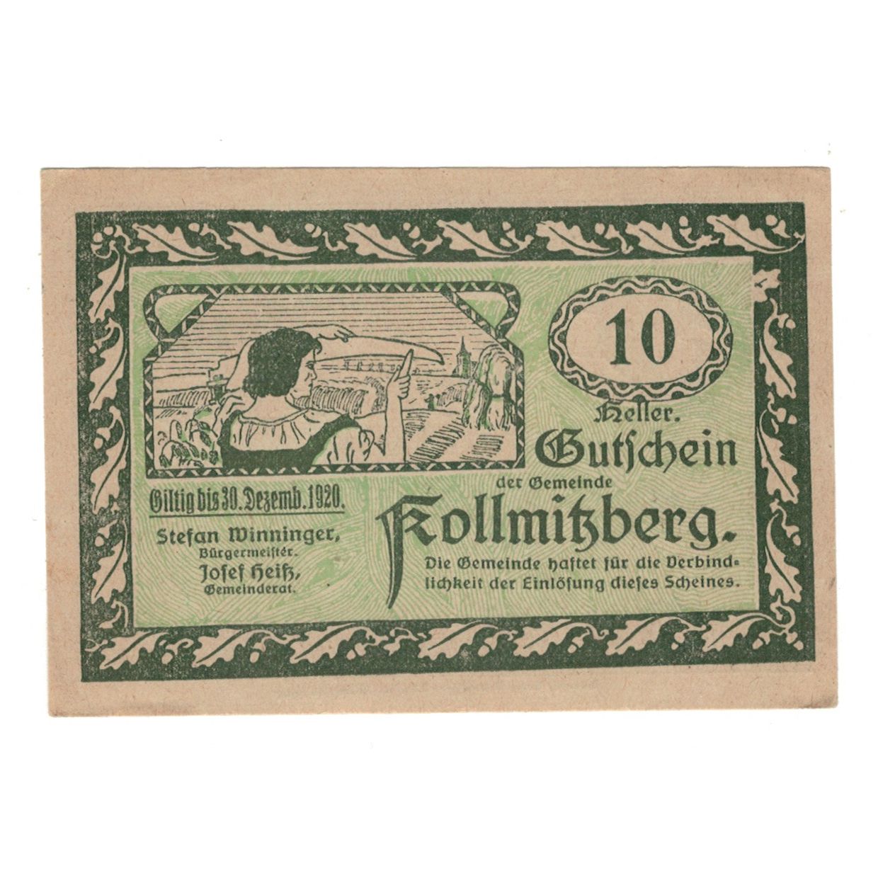 Banconote, Austria, Kollmitzberg N.Ö. Gemeinde, 10 Heller, coq, 1920