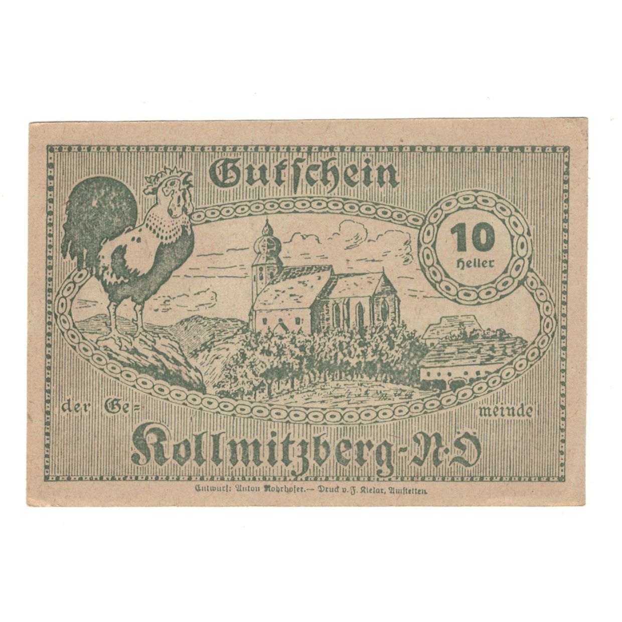Banconote, Austria, Kollmitzberg N.Ö. Gemeinde, 10 Heller, coq, 1920