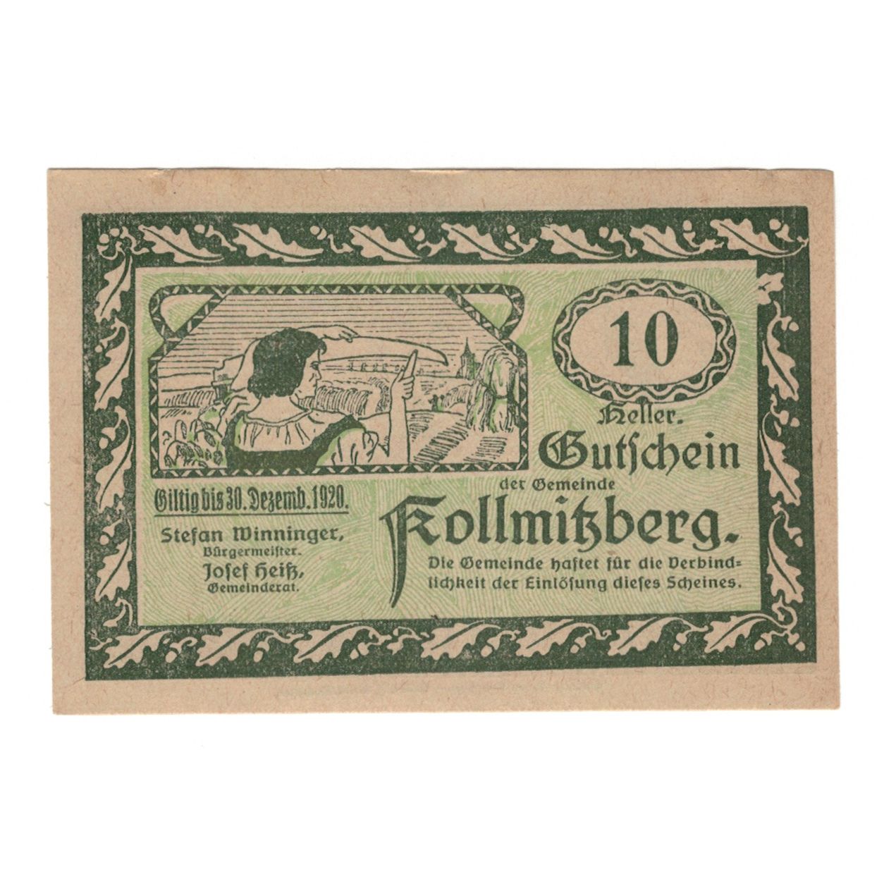 Banknote, Austria, Kollmitzberg N.Ö. Gemeinde, 10 Heller, Coq 1, 1920