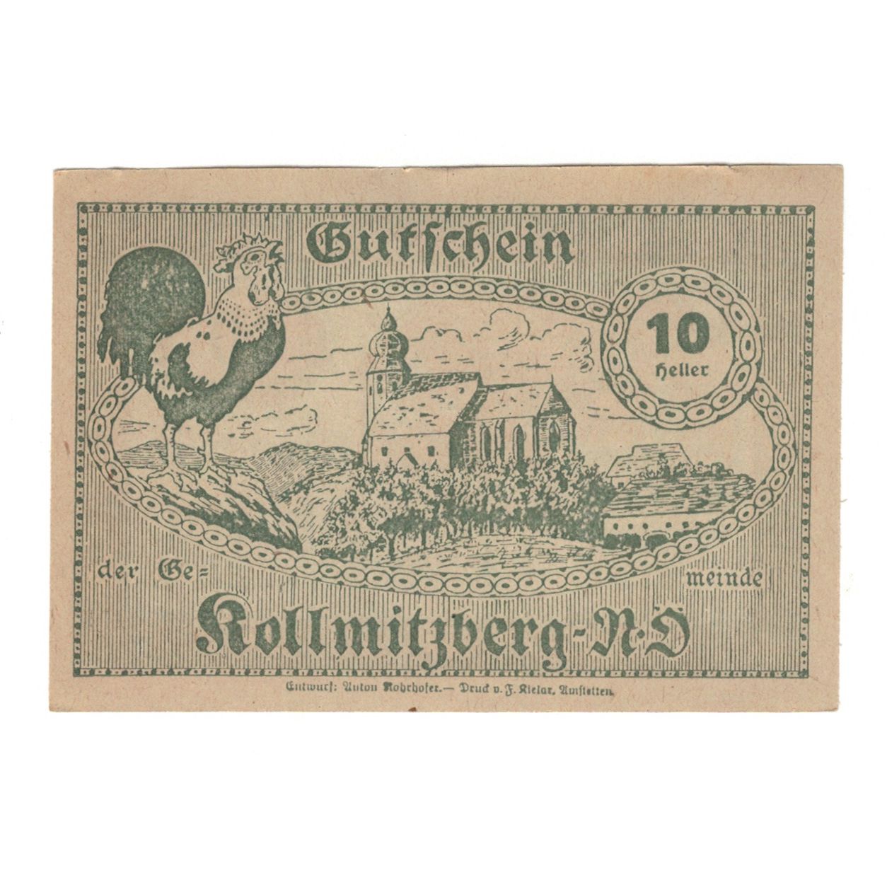 Banknote, Austria, Kollmitzberg N.Ö. Gemeinde, 10 Heller, Coq 1, 1920