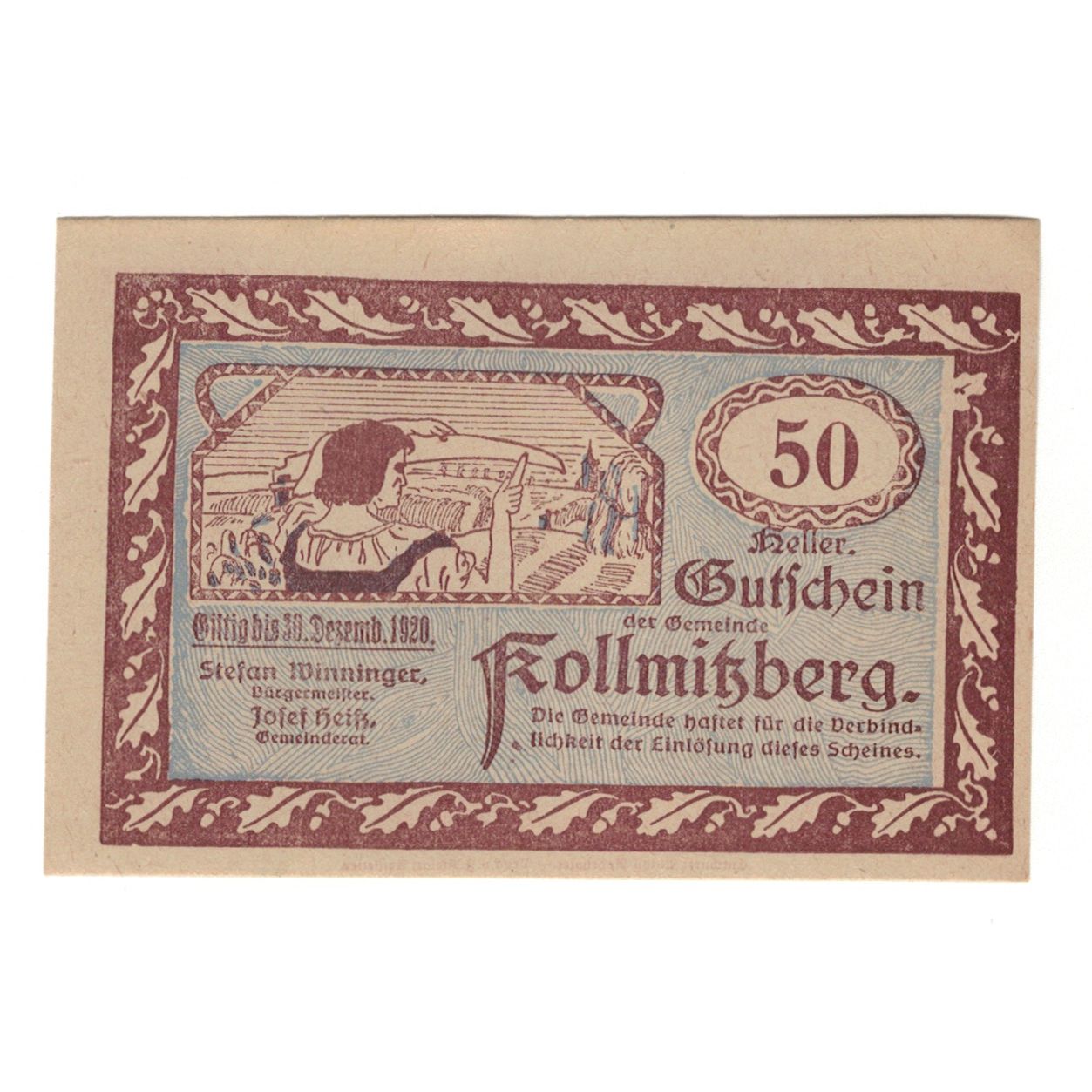 Banconote, Austria, Kollmitzberg N.Ö. Gemeinde, 50 Heller, coq, 1920