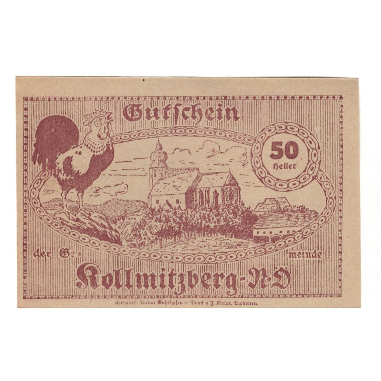 Banconote, Austria, Kollmitzberg N.Ö. Gemeinde, 50 Heller, coq, 1920
