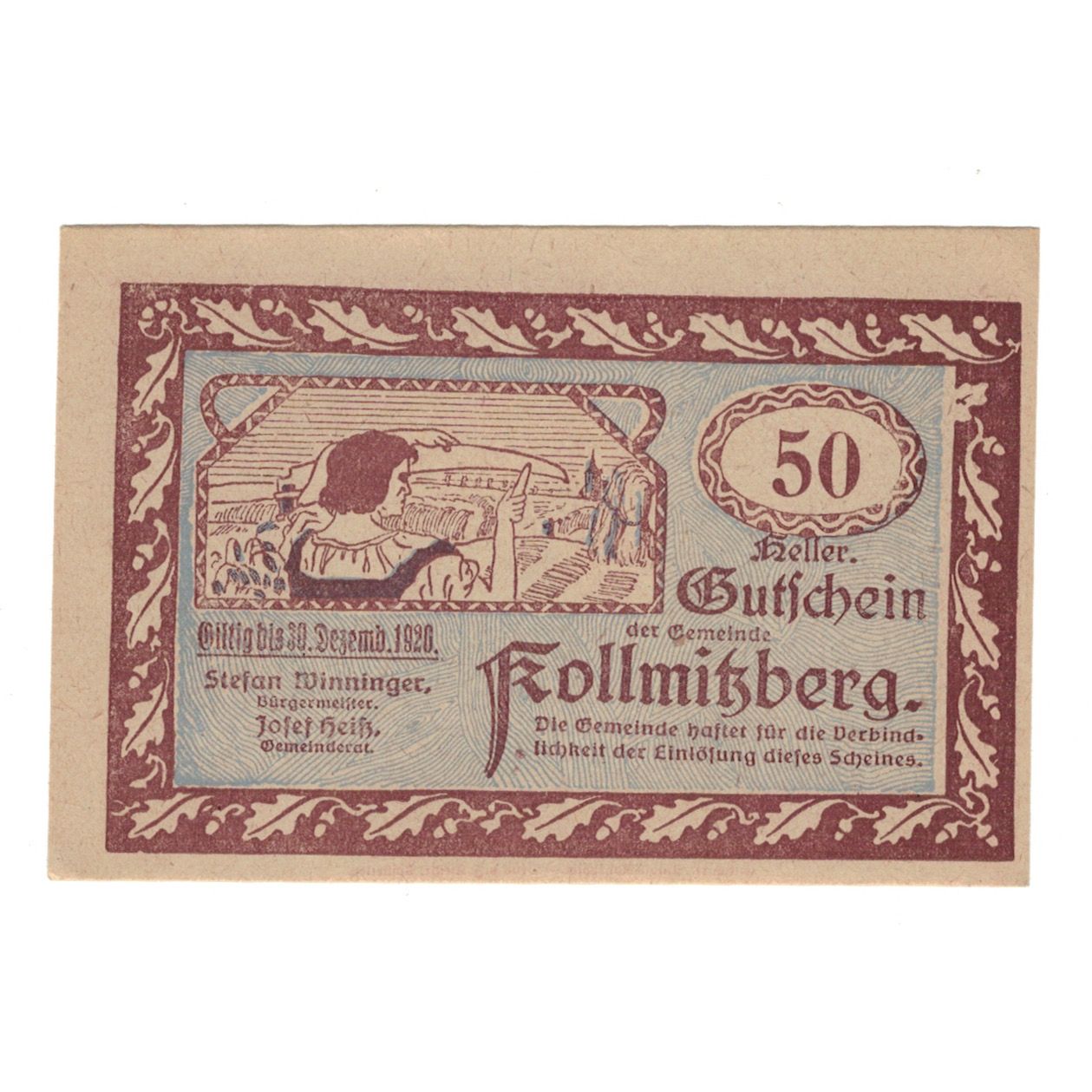 Banknote, Austria, Kollmitzberg N.Ö. Gemeinde, 50 Heller, Coq 1, 1920
