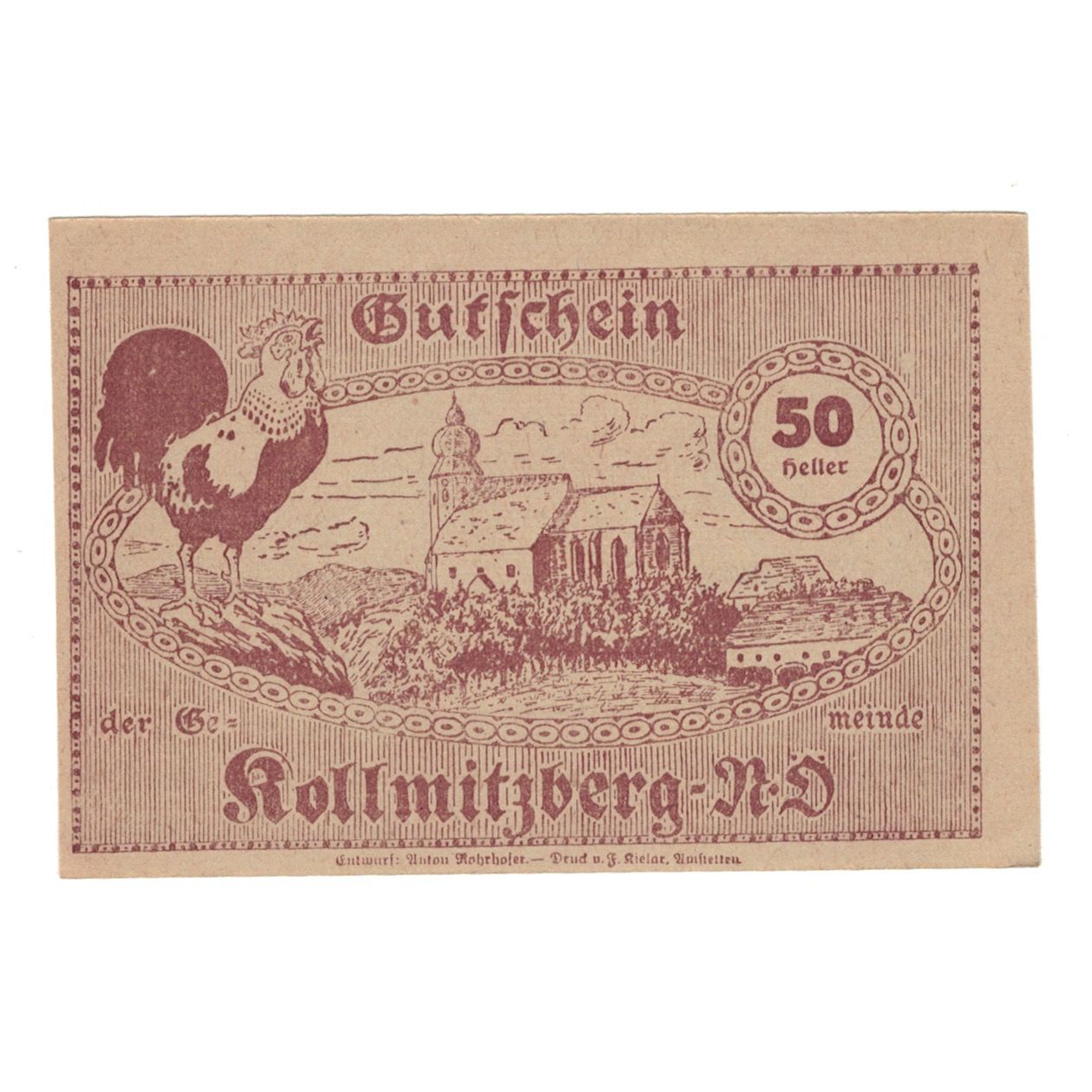 Banknote, Austria, Kollmitzberg N.Ö. Gemeinde, 50 Heller, Coq 1, 1920