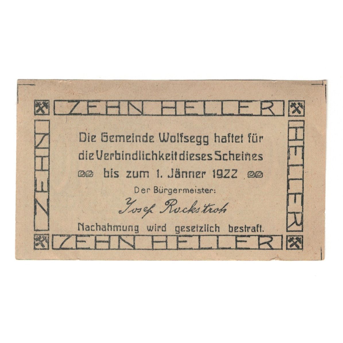 Banconote, Austria, Wolfsegg O.Ö. Gemeinde, 10 Heller, Texte, 1922, 1922-01-01