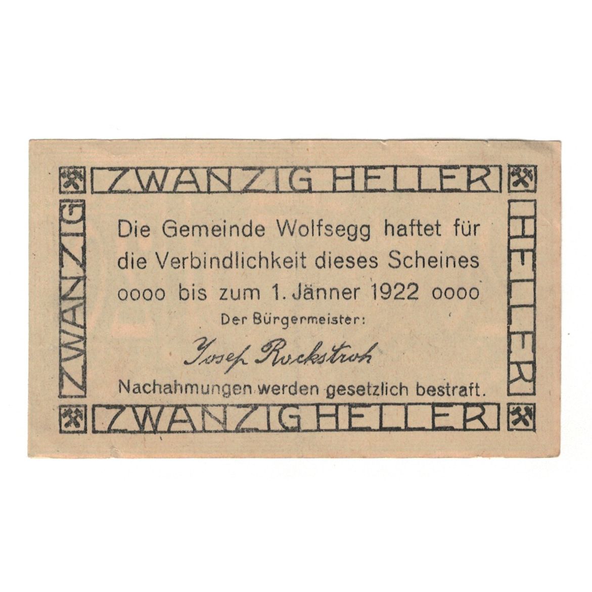 Banconote, Austria, Wolfsegg O.Ö. Gemeinde, 20 Heller, Texte, 1922, 1922-01-01