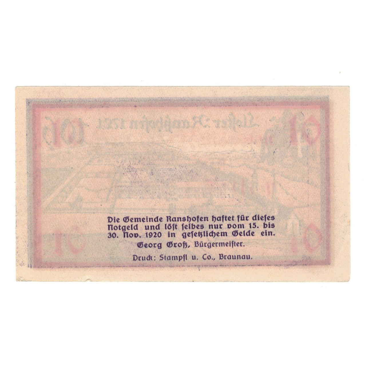 Banconote, Austria, Ranshofen O.Ö. Gemeinde, 10 Heller, paysage, 1920