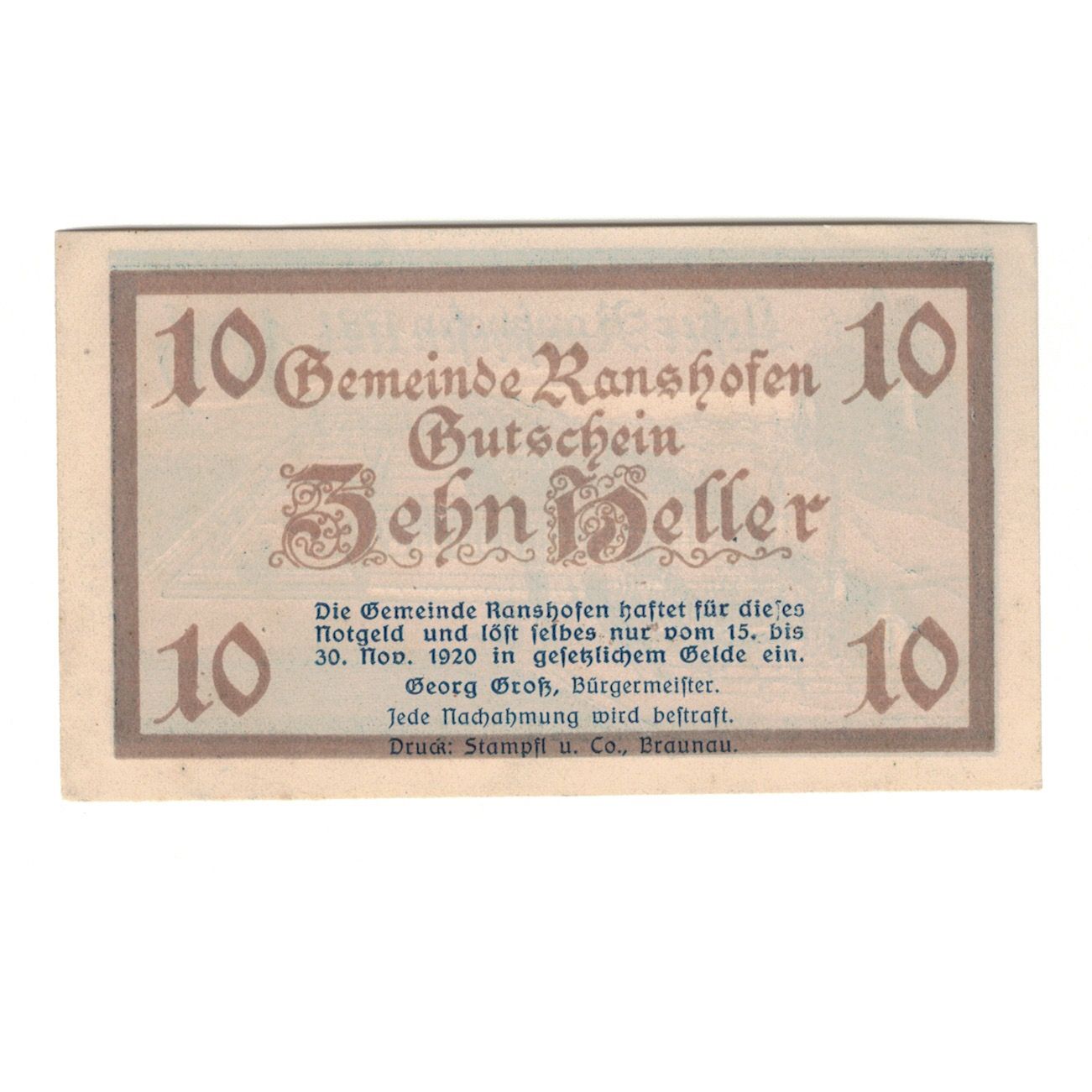 Banconote, Austria, Ranshofen O.Ö. Gemeinde, 10 Heller, paysage 1, 1920