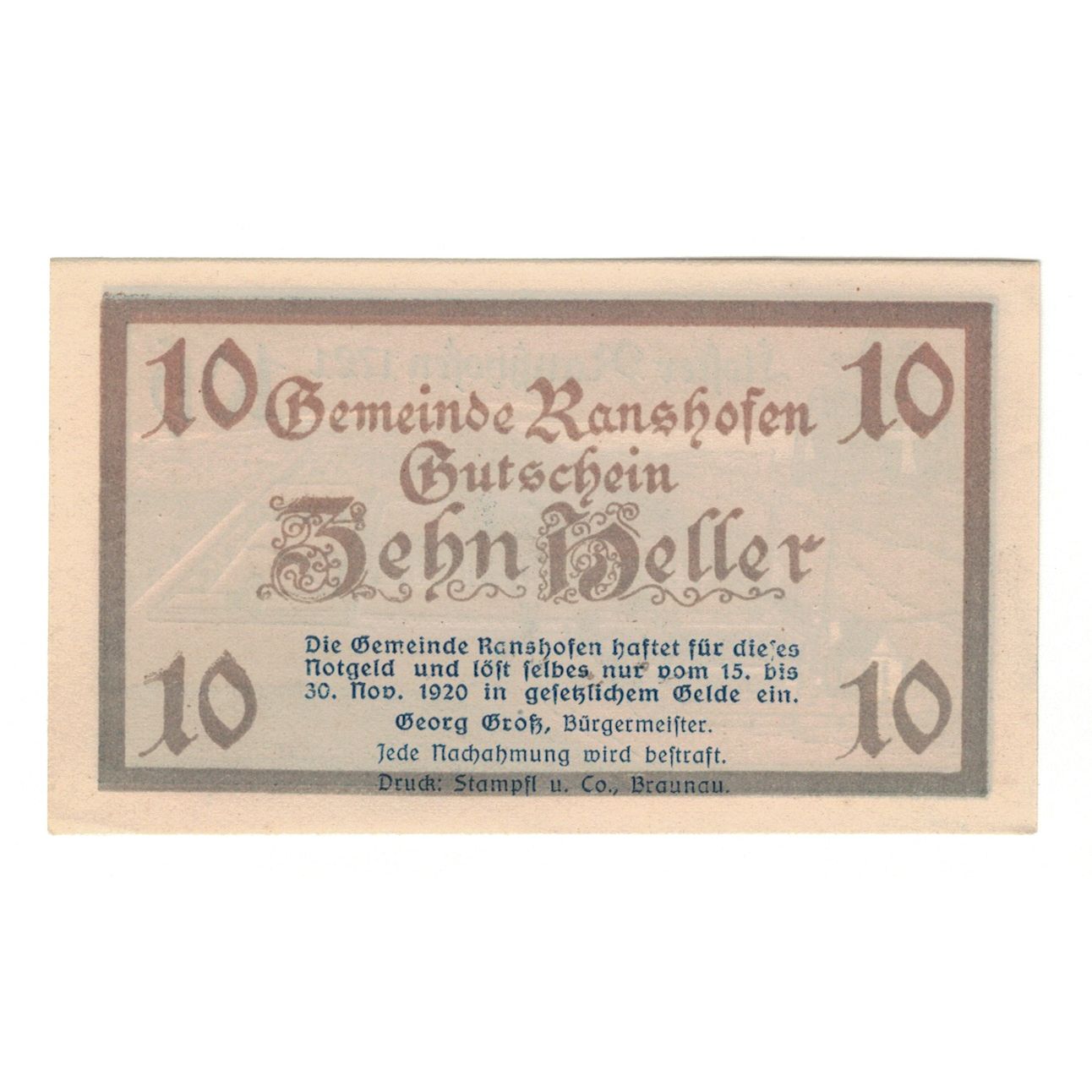 Banconote, Austria, Ranshofen O.Ö. Gemeinde, 10 Heller, paysage 2, 1920