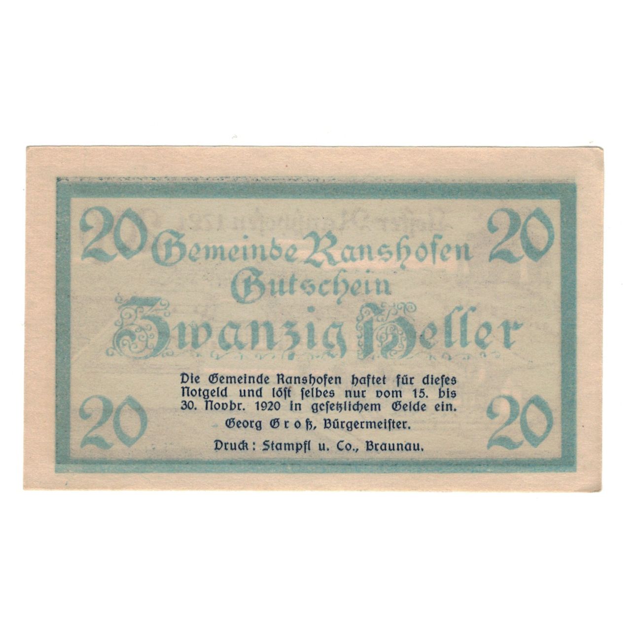 Banconote, Austria, Ranshofen O.Ö. Gemeinde, 20 Heller, paysage, 1920