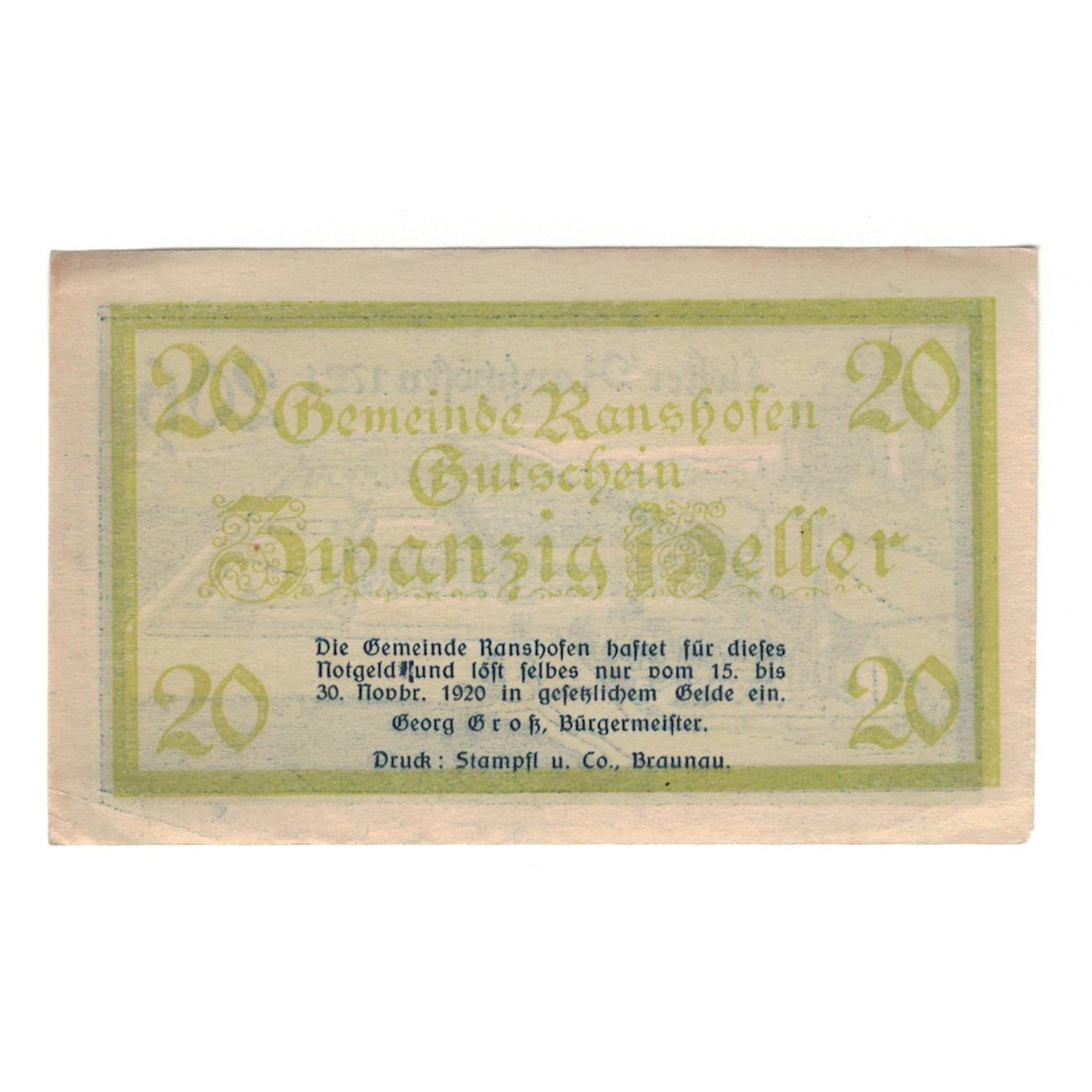 Banconote, Austria, Ranshofen O.Ö. Gemeinde, 20 Heller, paysage 1, 1920