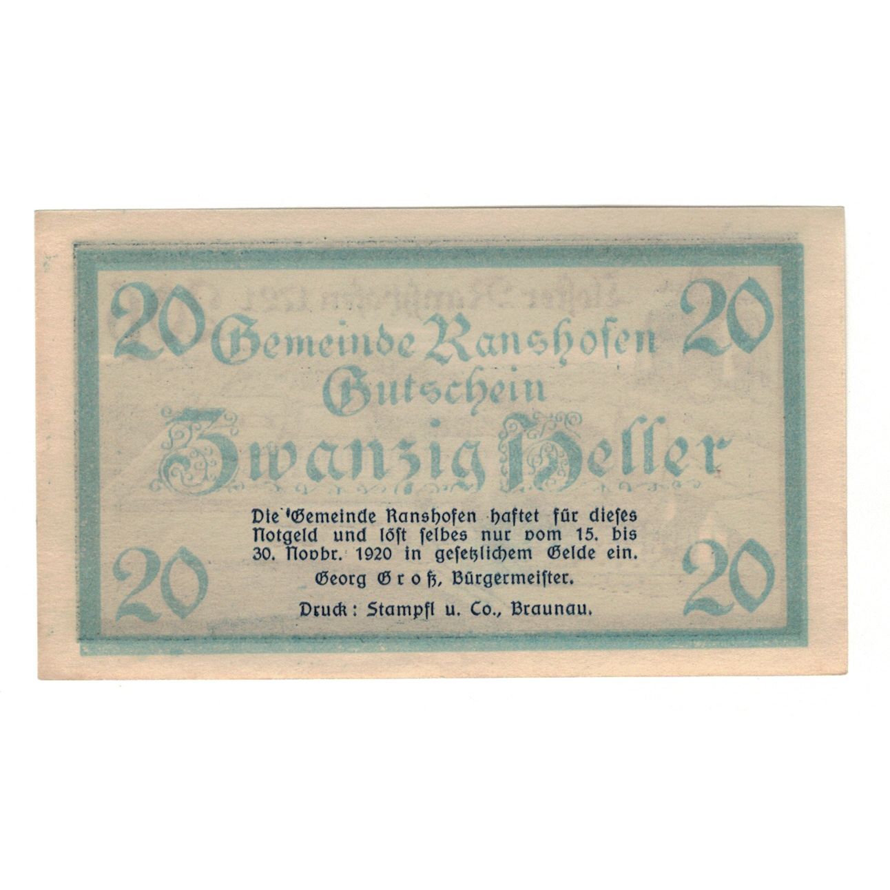 Banconote, Austria, Ranshofen O.Ö. Gemeinde, 20 Heller, paysage 2, 1920