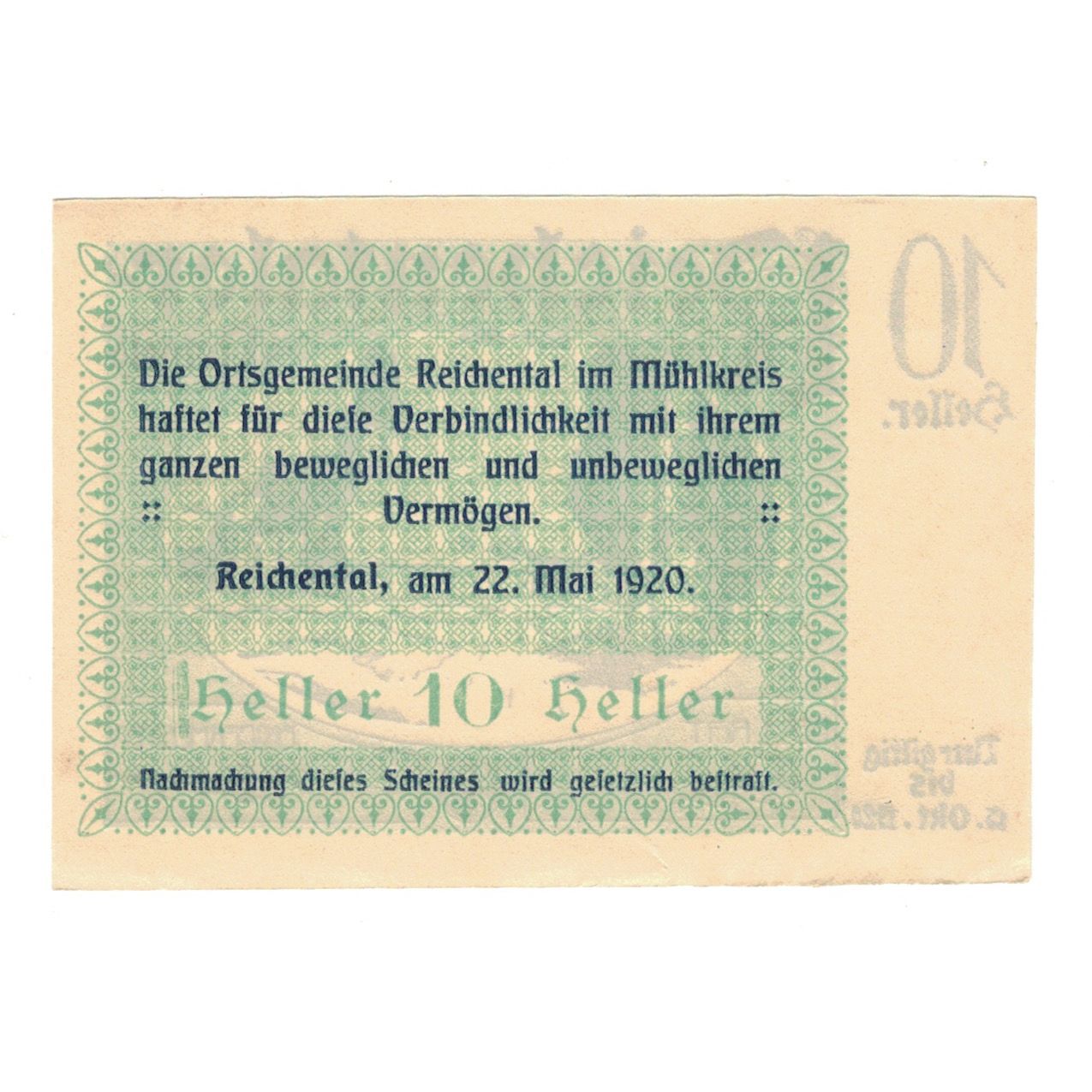 Billete, Austria, Reichental im Mühlkreis O.Ö. Ortsgemeinde, 10 Heller, Texte